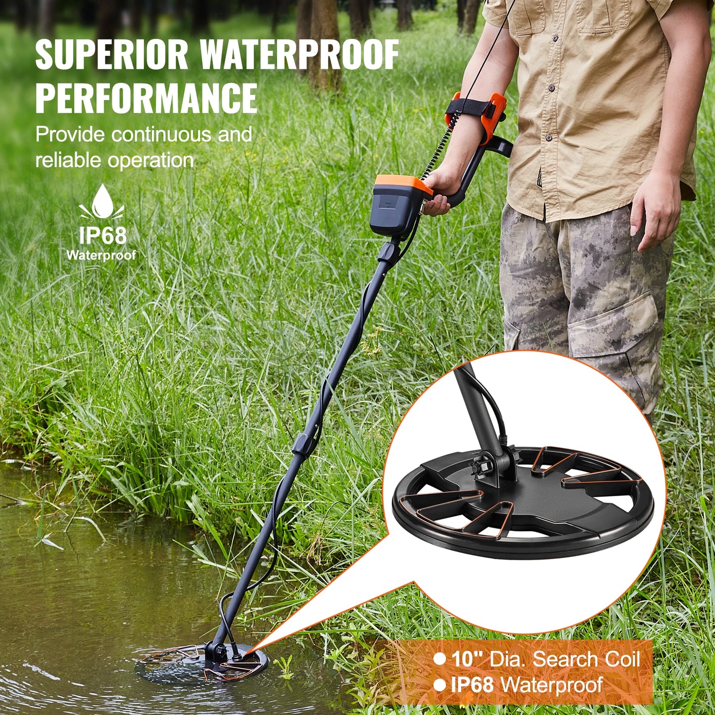 VEVOR Metal Detector for Adults and Kids 10 Inch Waterproof Search Coil with LCD Display 7 Modes Adjustable Aluminum Stem 41 to 52 Inches