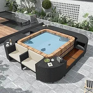 Patio Furniture Set, Spa Surround Outdoor Rattan Sofa Set with Wooden Seats and Storage Spaces, Quadrilateral Patio Sofa Set wit