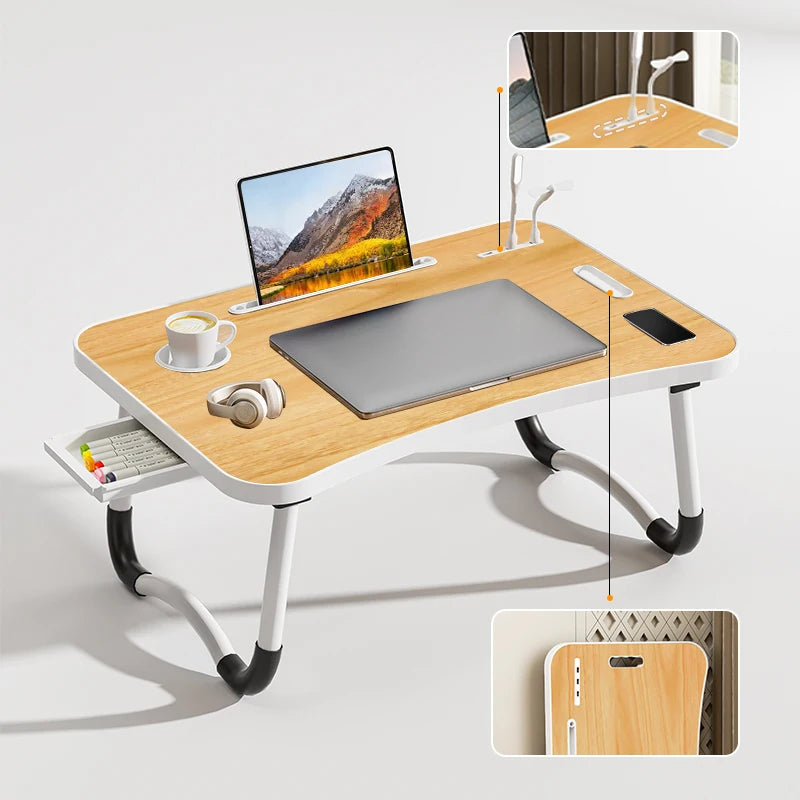 Portable Laptop Desk with USB Light, Small Fan, Cup Holder, Tablet Slot, and Lifting Handle - Foldable Laptop Table for Working,
