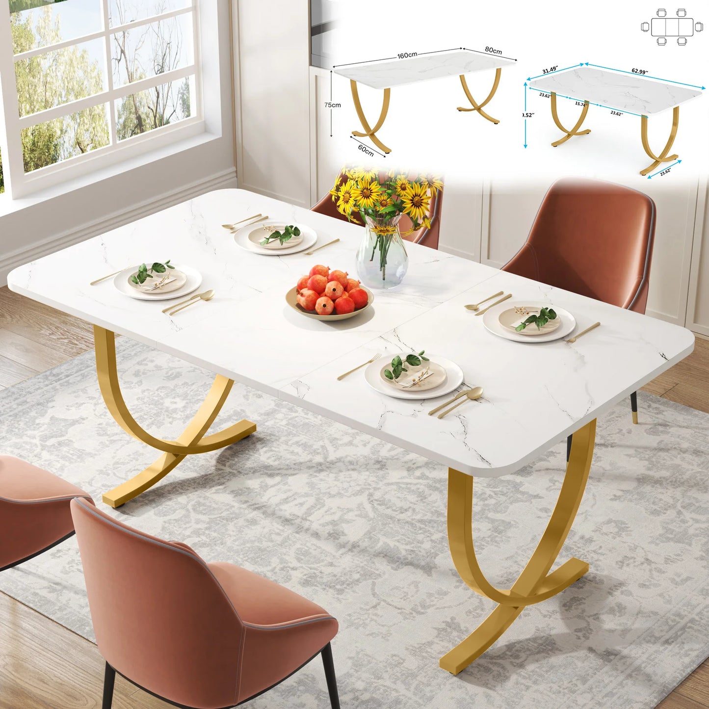 Tribesigns 63-Inch Rectangular Dining Table for 4 to 6, Modern Kitchen Table with Faux Marble Table Top, White Dinner Tables
