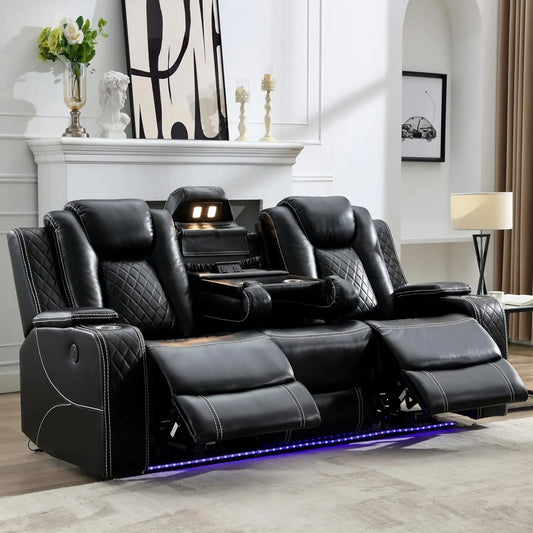 3 Seats Power Reclining Sofa with Wireless Charger LED Floor Lights Reading Light Drop Down Table USB Type C Port Model M070
