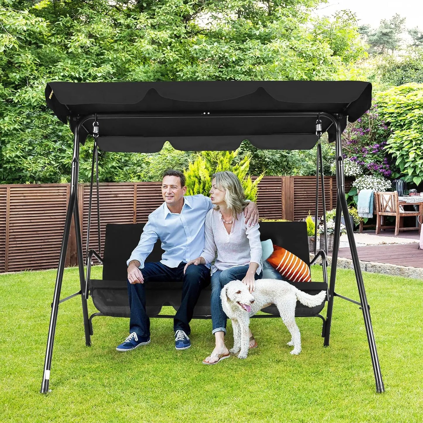 3-Seat Patio Swing Chair, Outdoor Porch Swing with Adjustable Canopy and Durable Steel Frame for Patio, Garden, Poolside(Nevy Bl