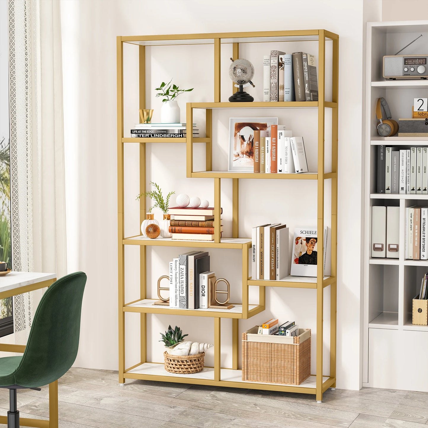 Tribesigns 5 Tier Etagere Bookcase Modern Gold Book Shelf Organizer Display Rack with 8 Open Storage Shelves