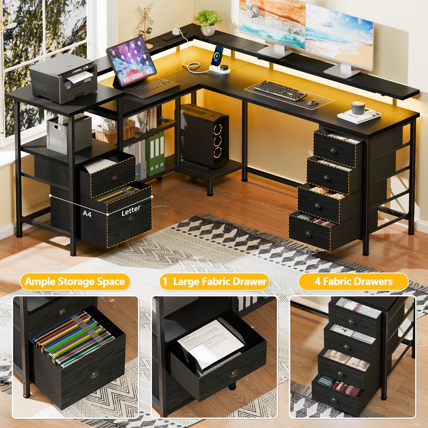 Satifur 67 inch Office Desk With Power Sockets and LED Lights, 2 Monitor Stands and 6 Adjustable Storage Drawers, Gaming Desk