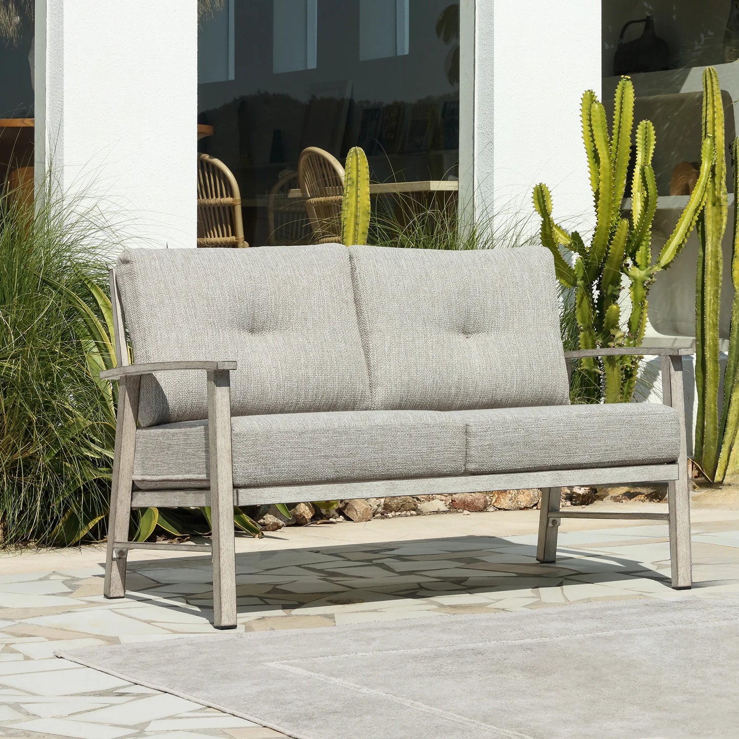 SeeHill Patio Furniture Loveseat Sofa, 2 Seats Outdoor Aluminum Patio Sofa Couch Furniture with Cushion for Poolside, White Oak