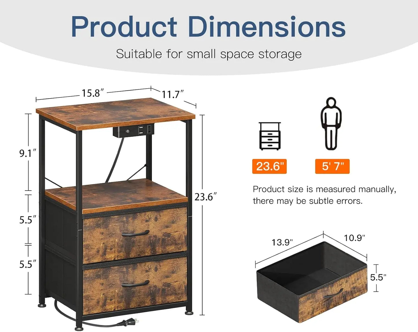 Nightstand Set of 2 with Charger Station \u2014 USB Ports & Outlet, Bed Side Table with LED Lights, End Table with Fabric Drawer
