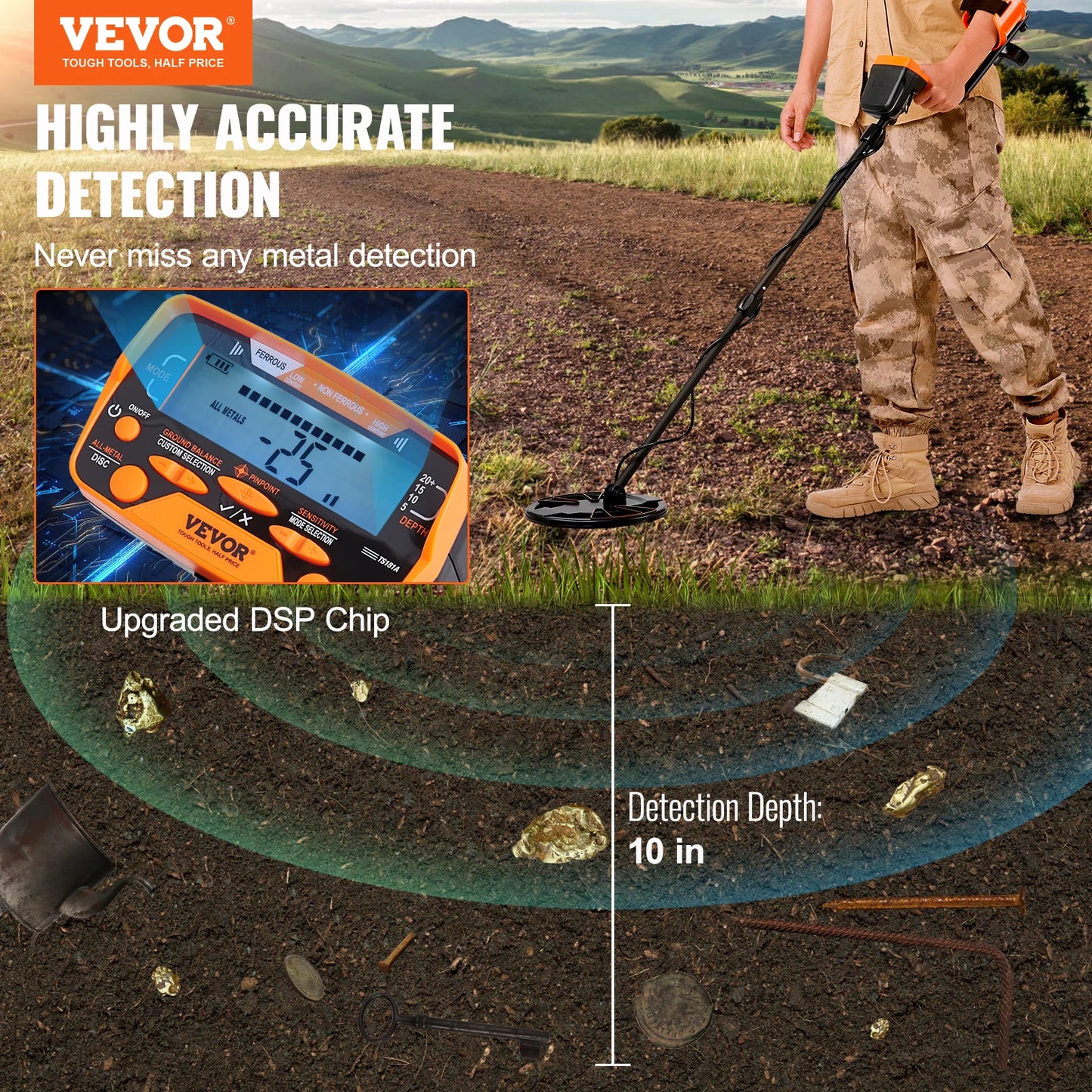 VEVOR Metal Detector for Adults and Kids 10 Inch Waterproof Search Coil with LCD Display 7 Modes Adjustable Aluminum Stem 41 to 52 Inches