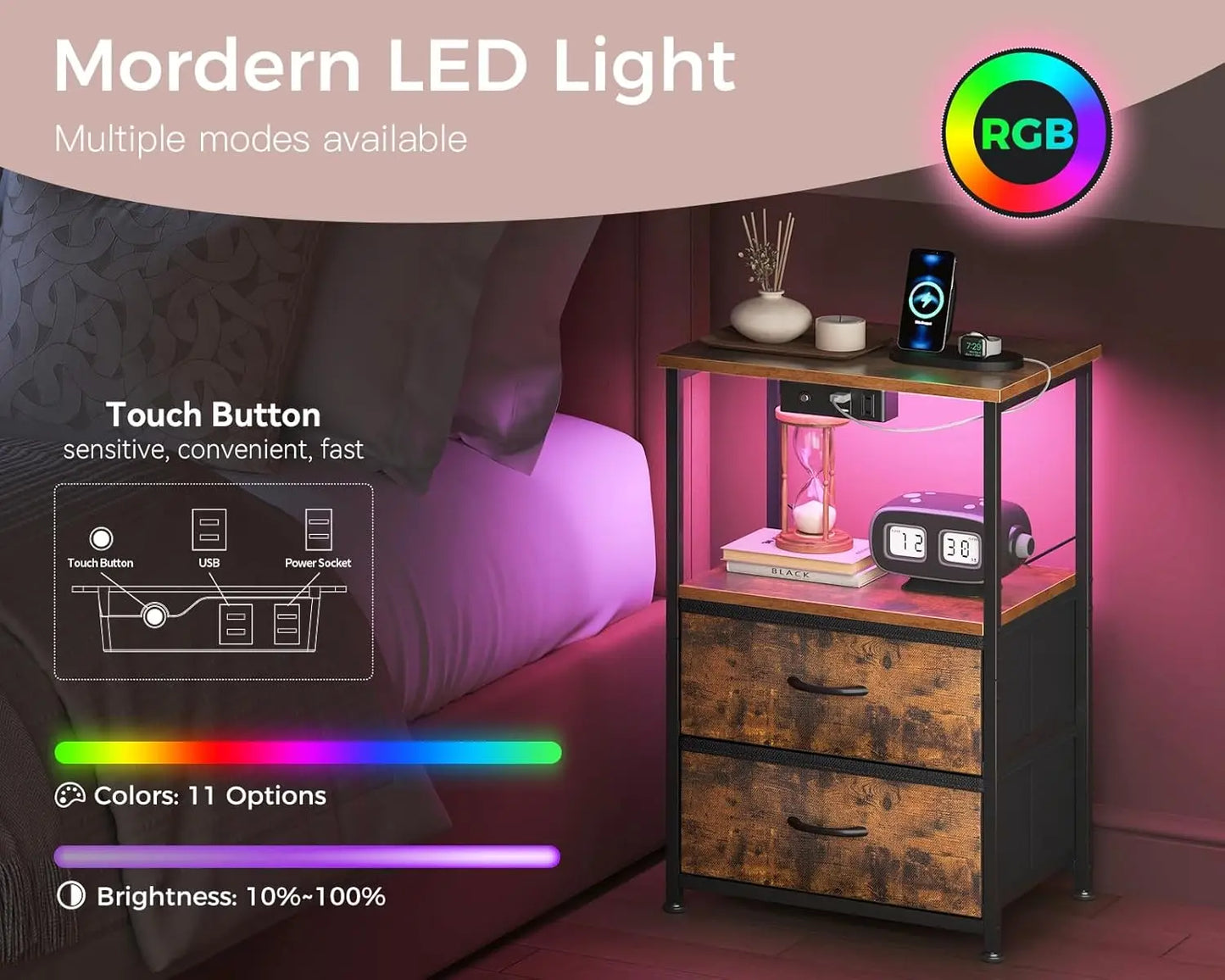 Nightstand Set of 2 with Charger Station \u2014 USB Ports & Outlet, Bed Side Table with LED Lights, End Table with Fabric Drawer