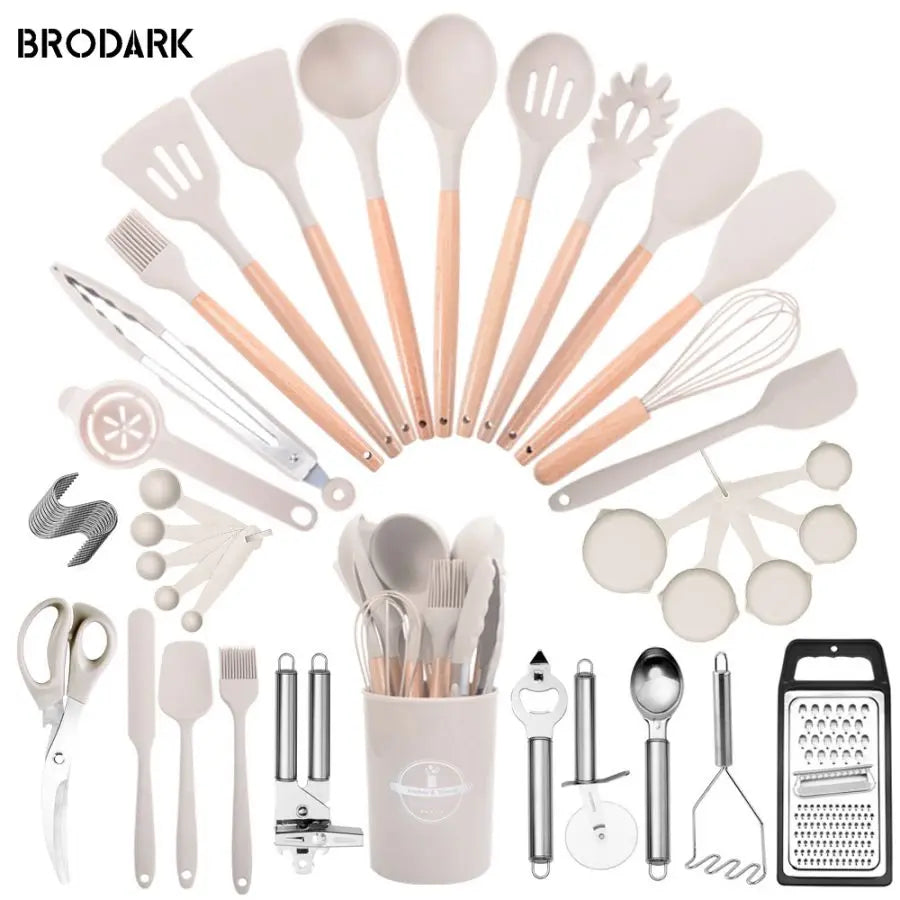 44pcs Premium Silicone Kitchen Utensil Set With Wooden Handles And Knife - Heat-Resistant, Non-Stick Friendly Cooking To