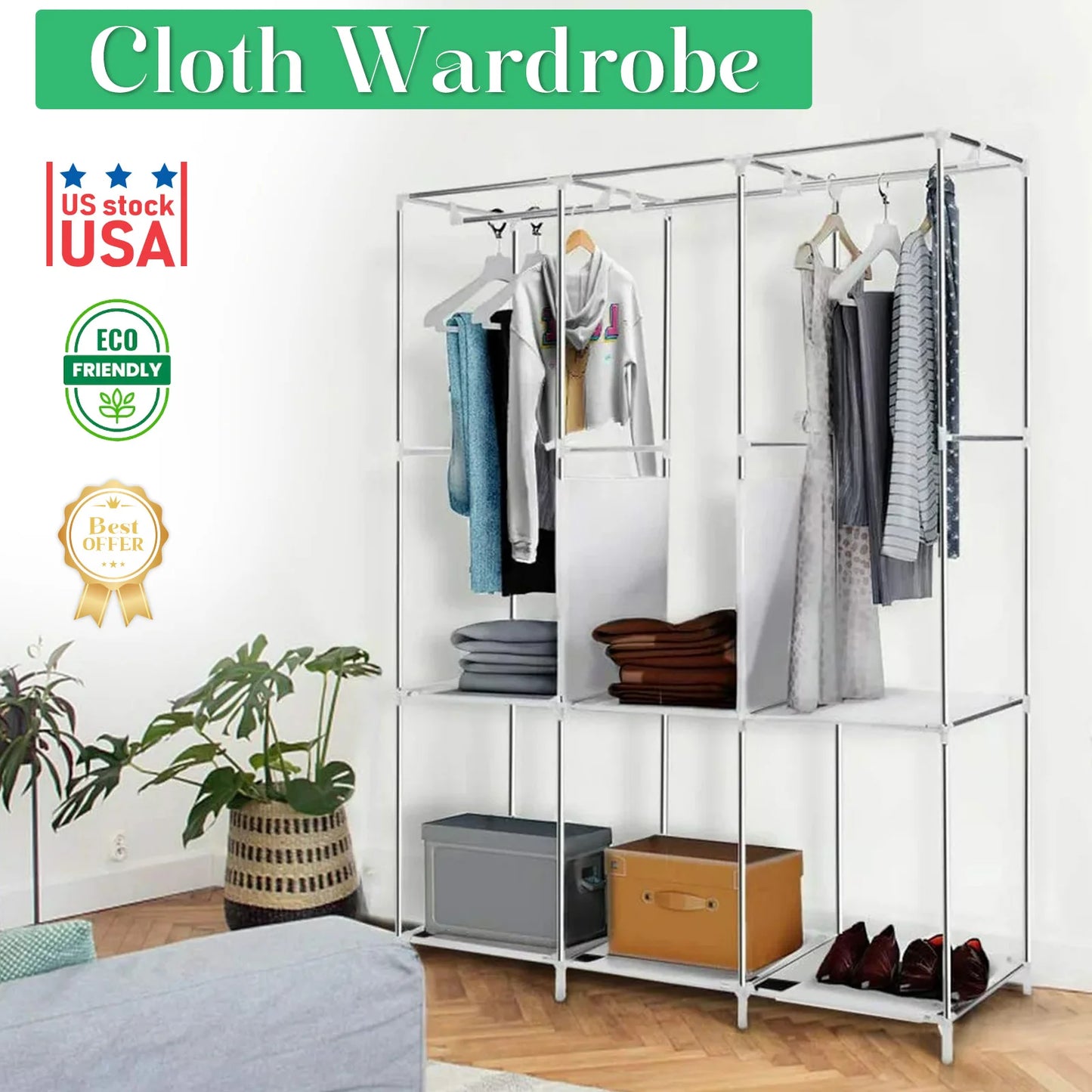 Closet Wardrobe Portable Organizer Storage Rack Clothes Shoe Clothing Shelf Dustproof Non-woven Fabric Quick and Easy to Assembl