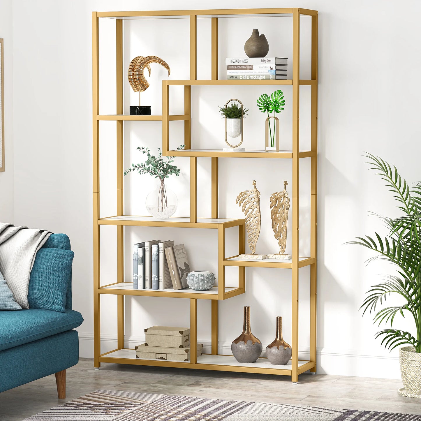 Tribesigns 5 Tier Etagere Bookcase Modern Gold Book Shelf Organizer Display Rack with 8 Open Storage Shelves