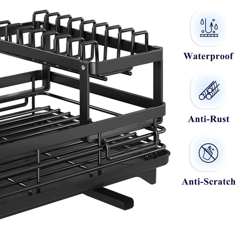 Dish Drying Rack for Kitchen Counter - Large Dish Rack with Drainboard, Adjustable Swivel SpoutRustproof Dish Drainer, Black