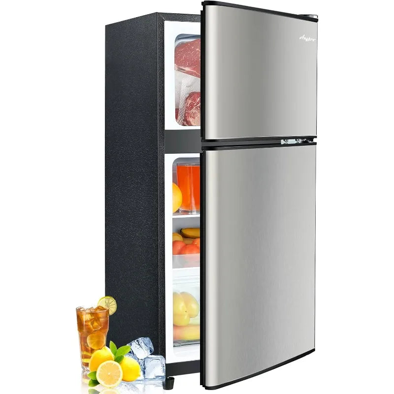 3.2 Cu.Ft Fridge with Freezer, 2 Door Refrigerator with 7 Level Thermostat, LED Light, Adjustable Removable Glass Shelves