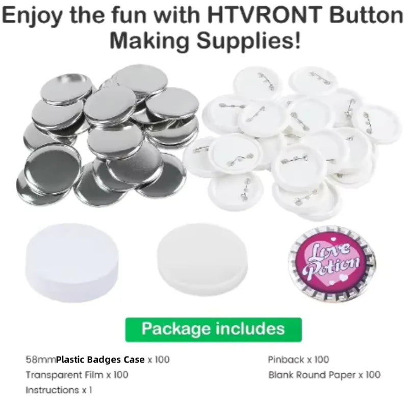 HTVRONT Button Maker 58mm Badge Maker Machine DIY Button Pin with 440Pcs Free Parts Press Kit Ergonomic Arc Handle Punch Press