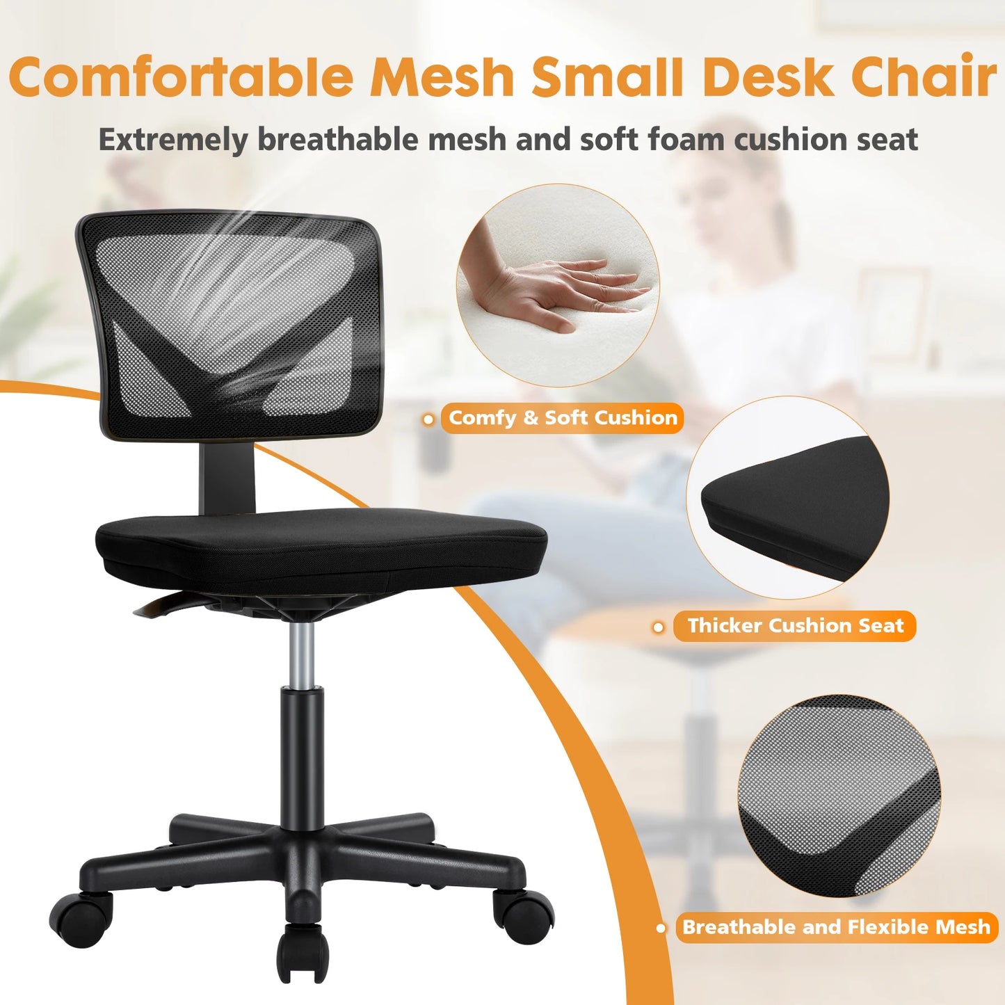 JHK Mesh Armless Office Chair with Lumbar Support Adjustable Height 360 Degree Rolling Swivel Computer Chair