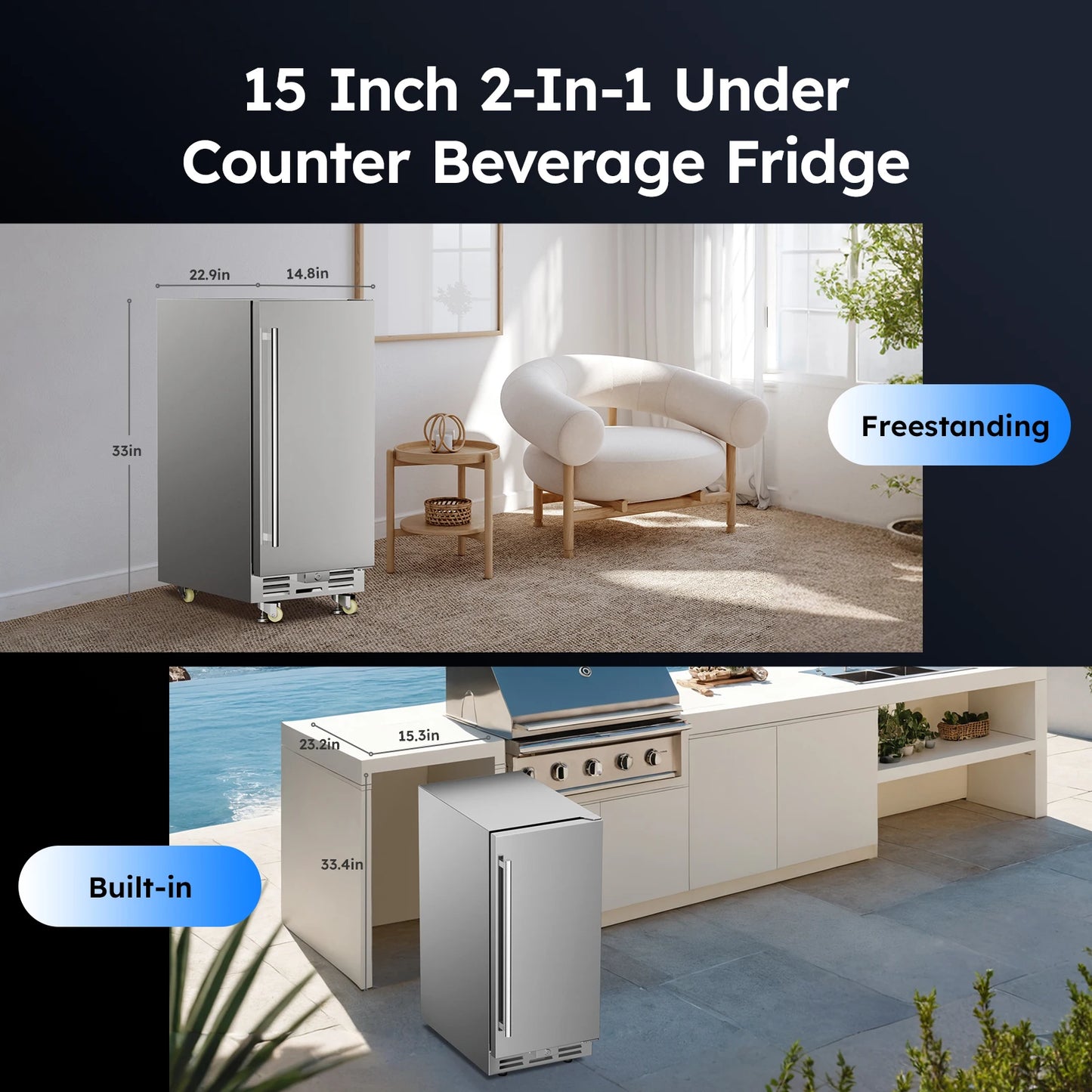 15 inch / 24 inch / 30 inch Beverage Refrigerator Stainless Steel Under Counter Beer Beverage Fridge Indoor/Outdoor Beer Cooler