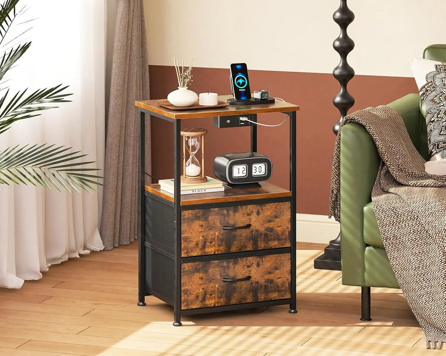 Nightstand Set of 2 with Charger Station \u2014 USB Ports & Outlet, Bed Side Table with LED Lights, End Table with Fabric Drawer