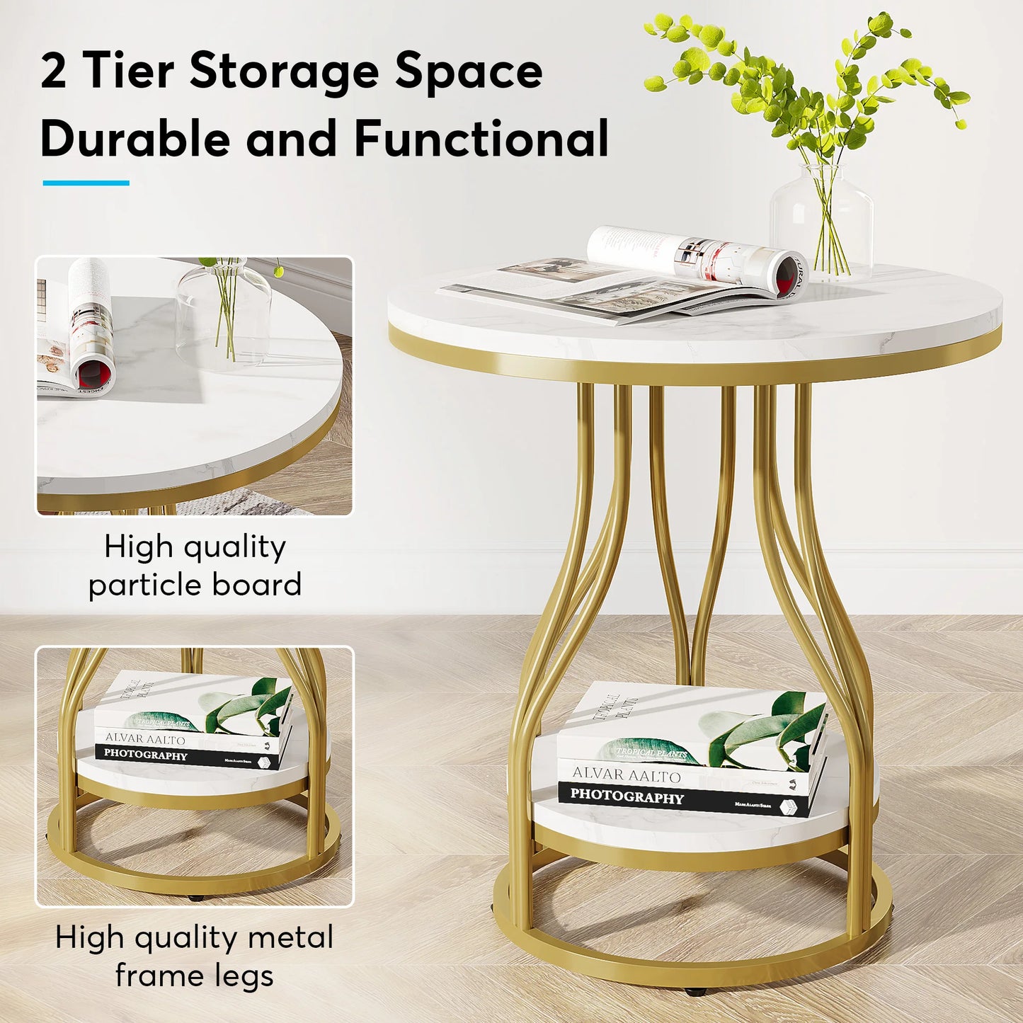 Tribesigns Round Side Table White Gold End Table 2-Tier Modern Bedside Table Small Side Table with Storage for Couch