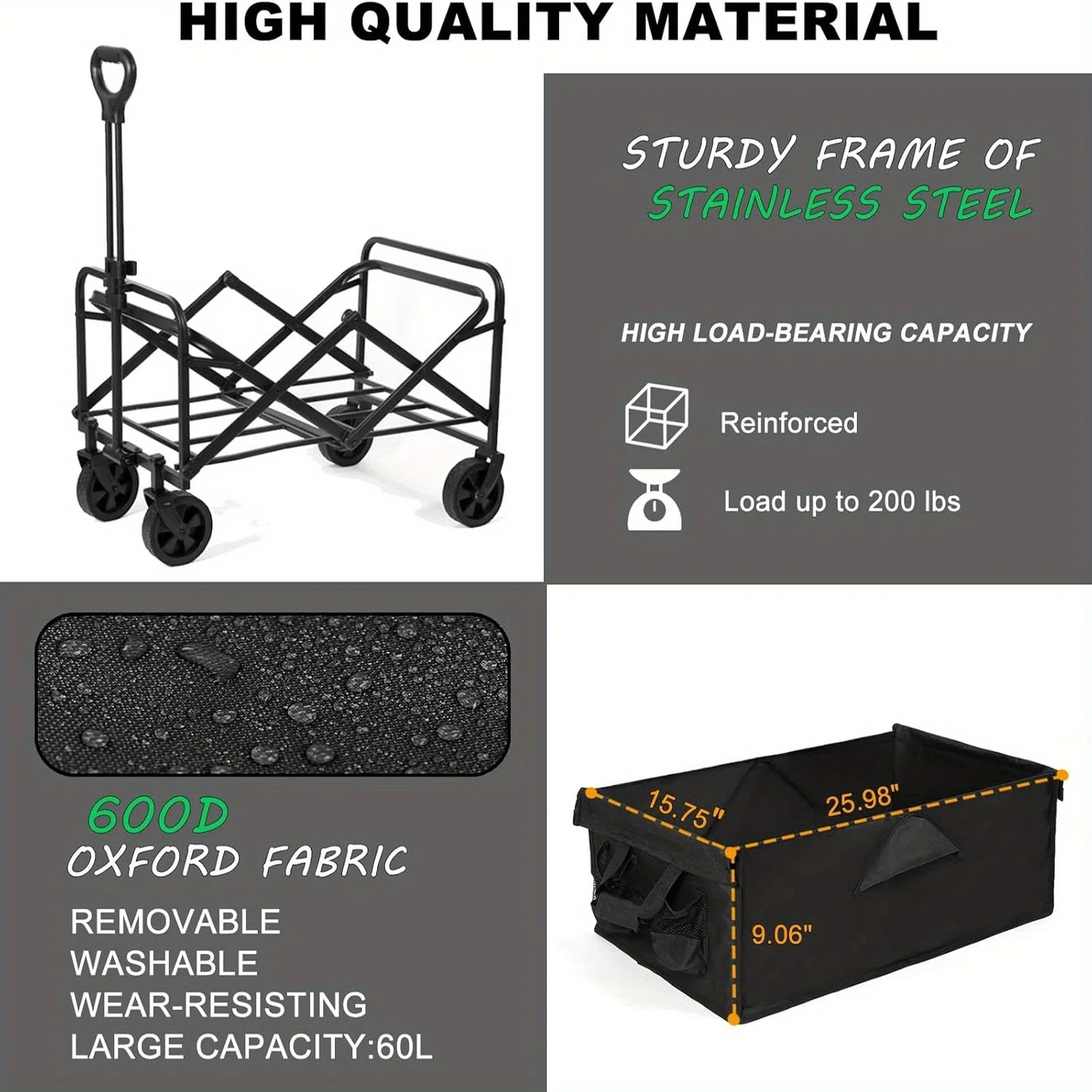 Collapsible Folding Beach Wagon Cart, Utility Large Capacity Cart Foldable Wagon with All Terrain Wheels, Grocery Wagon Cart