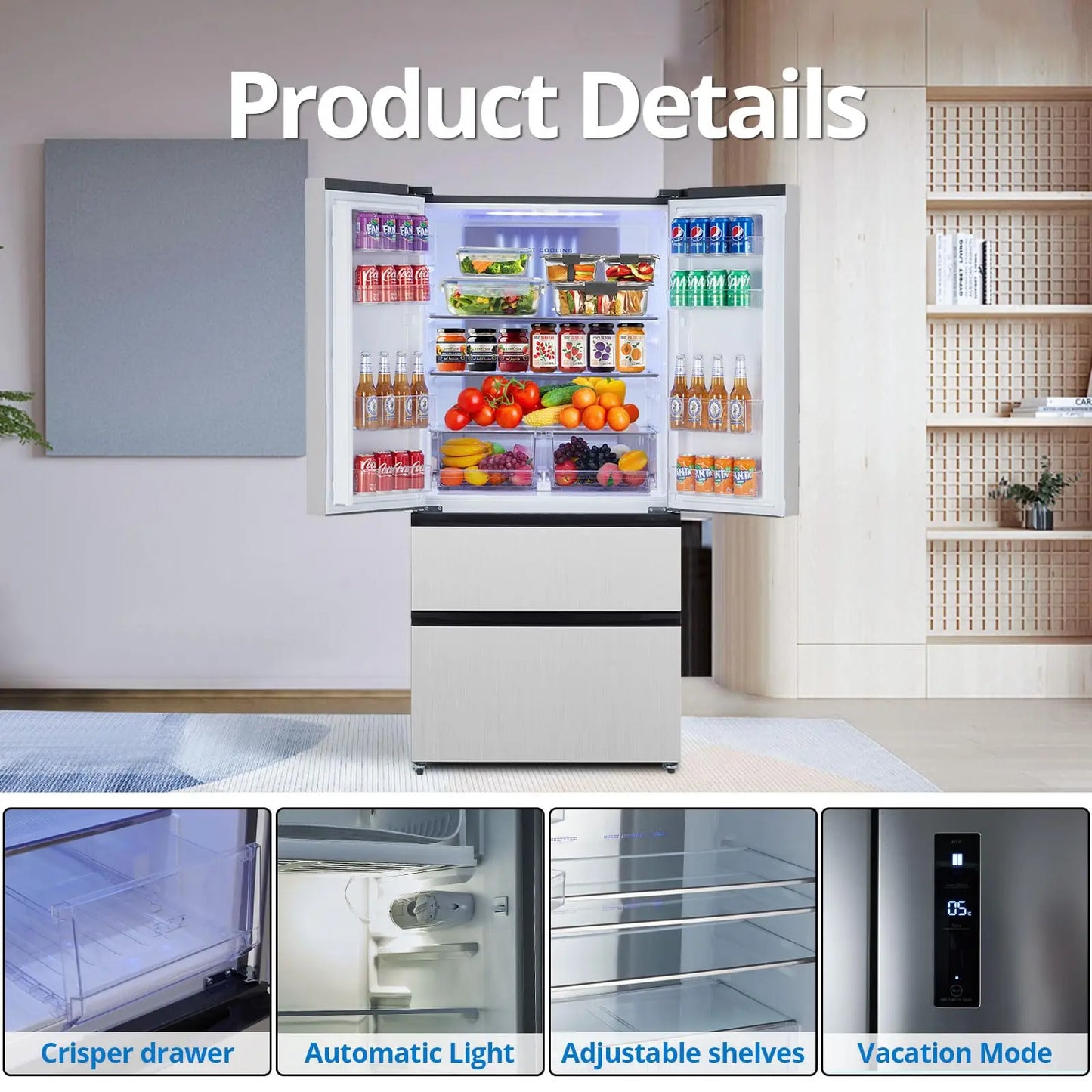 PioneerWorks French Door Refrigerator with Large Capacity 18.8Cu.Ft, 4 Door Full Size Counter Depth Stainless Steel, Auto Defros