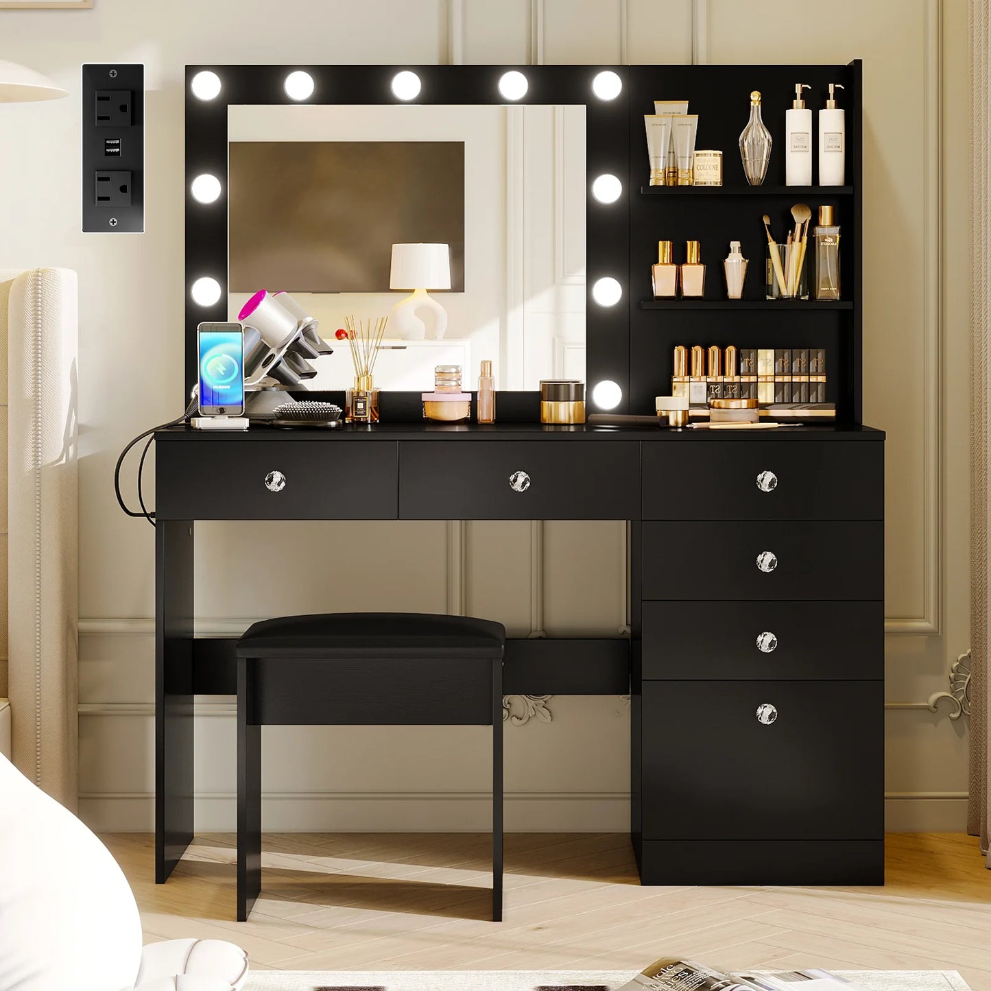 VOWNER Vanity with Lights 47 Inch Makeup Vanity Desk Storage Shelves and 6 Drawers 3 Color Lighting Modes