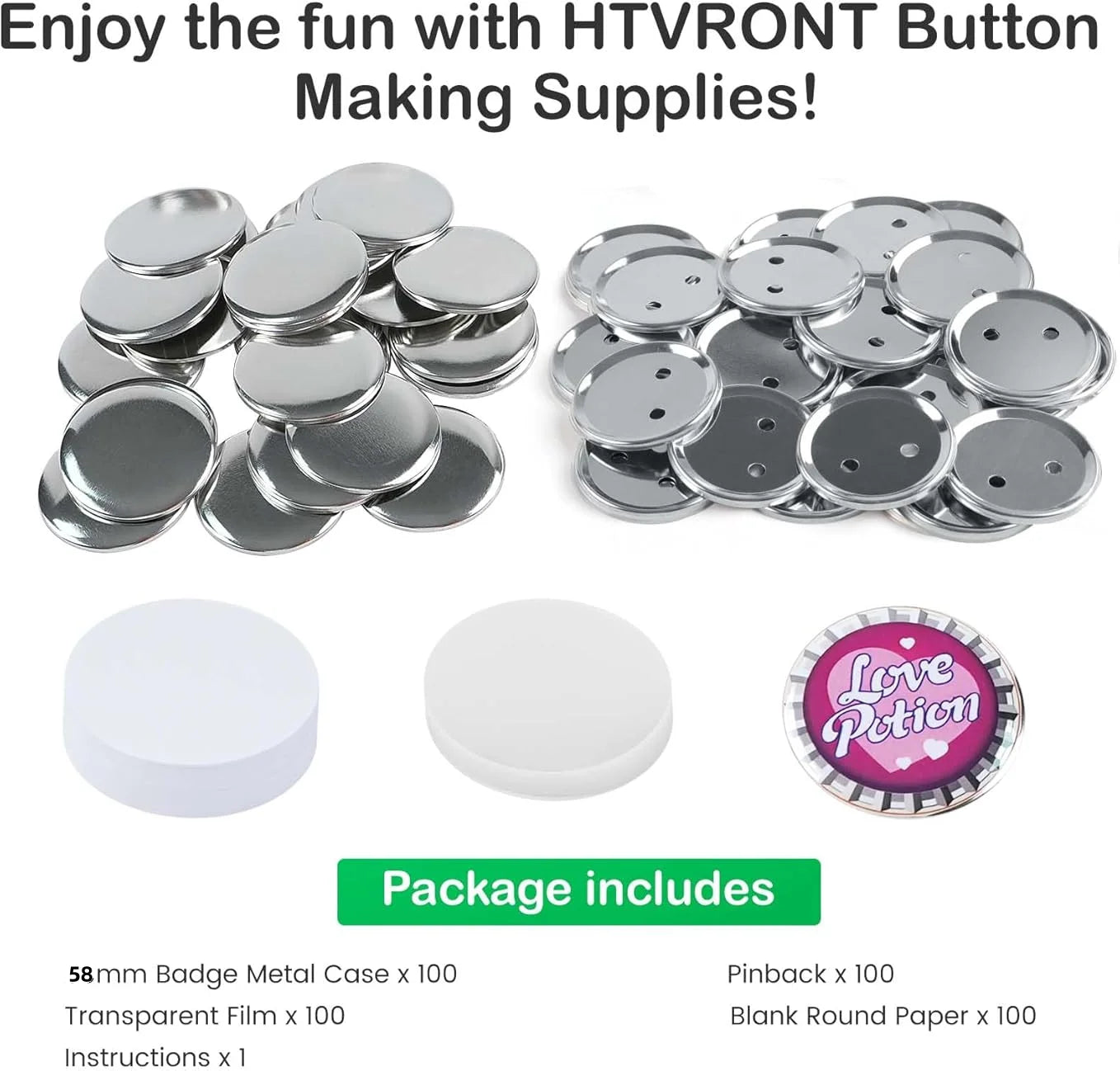 HTVRONT Button Maker 58mm Badge Maker Machine DIY Button Pin with 440Pcs Free Parts Press Kit Ergonomic Arc Handle Punch Press