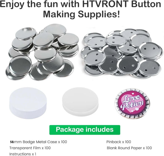 HTVRONT Button Maker 58mm Badge Maker Machine DIY Button Pin with 440Pcs Free Parts Press Kit Ergonomic Arc Handle Punch Press