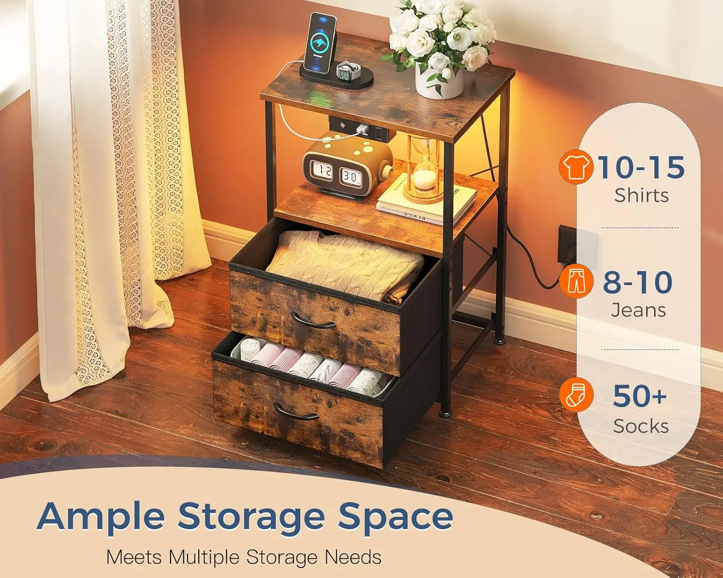 Nightstand Set of 2 with Charger Station \u2014 USB Ports & Outlet, Bed Side Table with LED Lights, End Table with Fabric Drawer