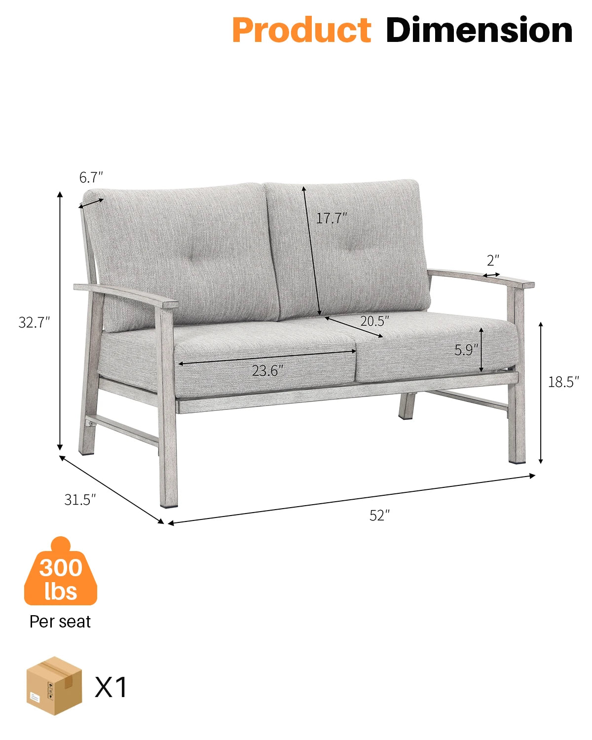 SeeHill Patio Furniture Loveseat Sofa, 2 Seats Outdoor Aluminum Patio Sofa Couch Furniture with Cushion for Poolside, White Oak