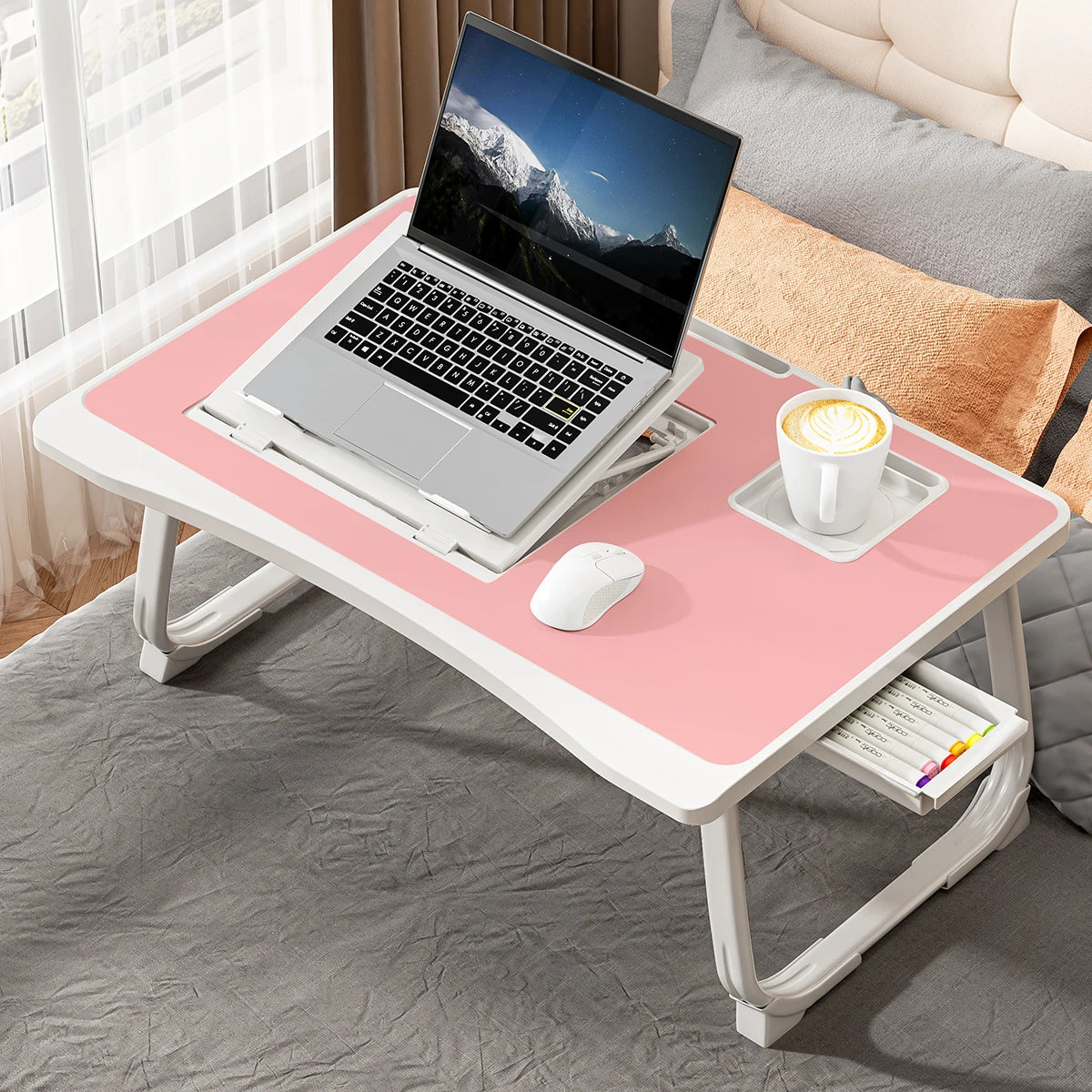 Foldable Laptop Bed Desk] Portable Adjustable Height Foldable Laptop Bed Desk with Wooden Surface - Storage Slots & Drawers for