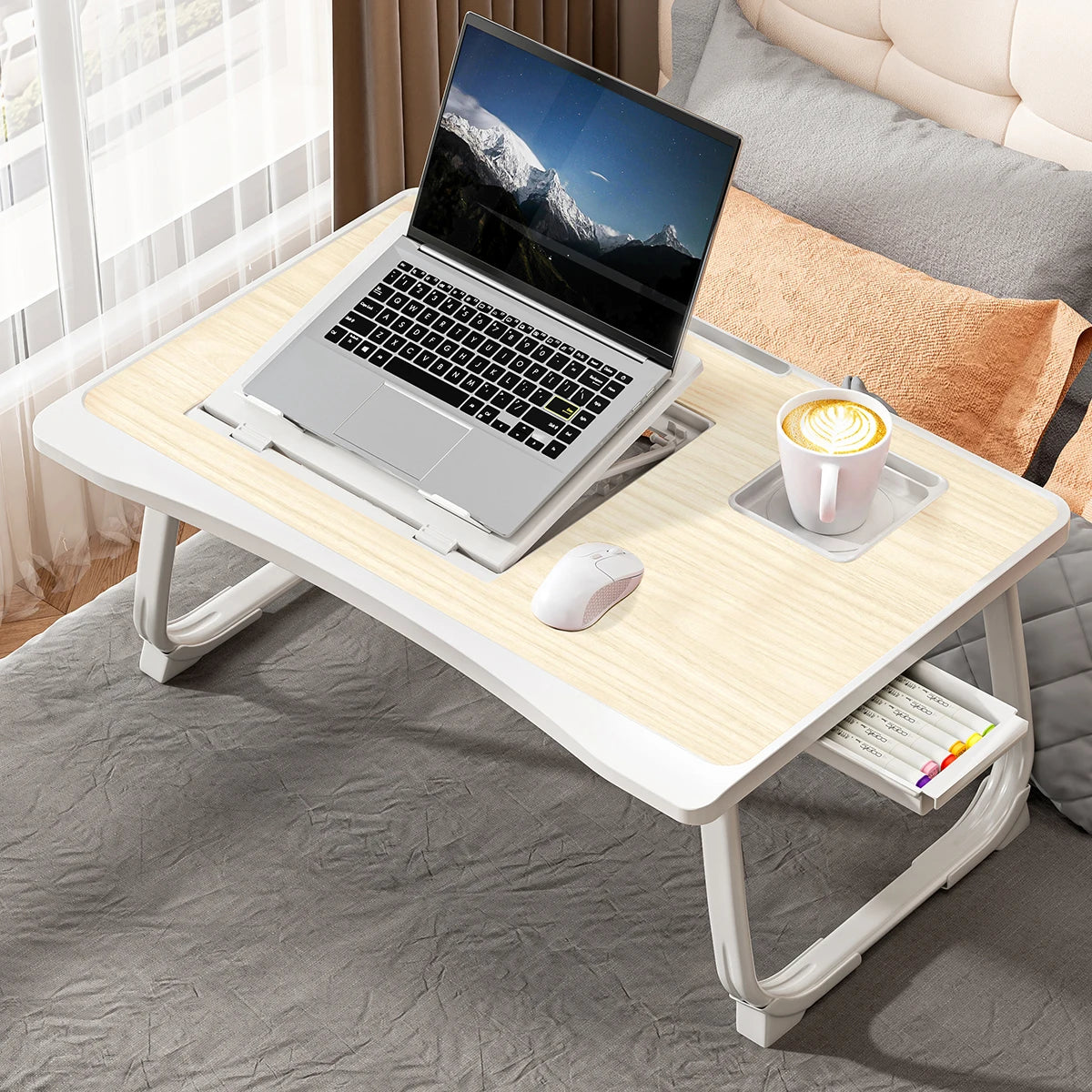 Foldable Laptop Bed Desk] Portable Adjustable Height Foldable Laptop Bed Desk with Wooden Surface - Storage Slots & Drawers for