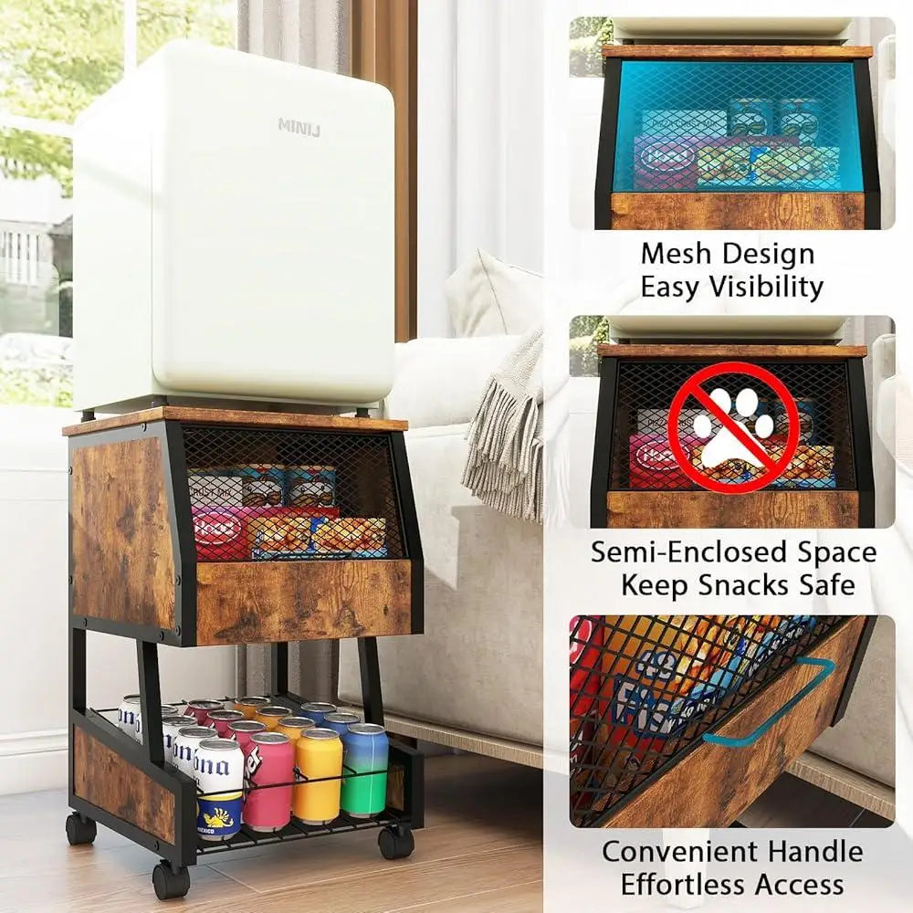 Compact Refrigerator Stand with Beverage Storage Rolling Mini Fridge Cart Lockable Wheels Snack Organizer Easy Assembly