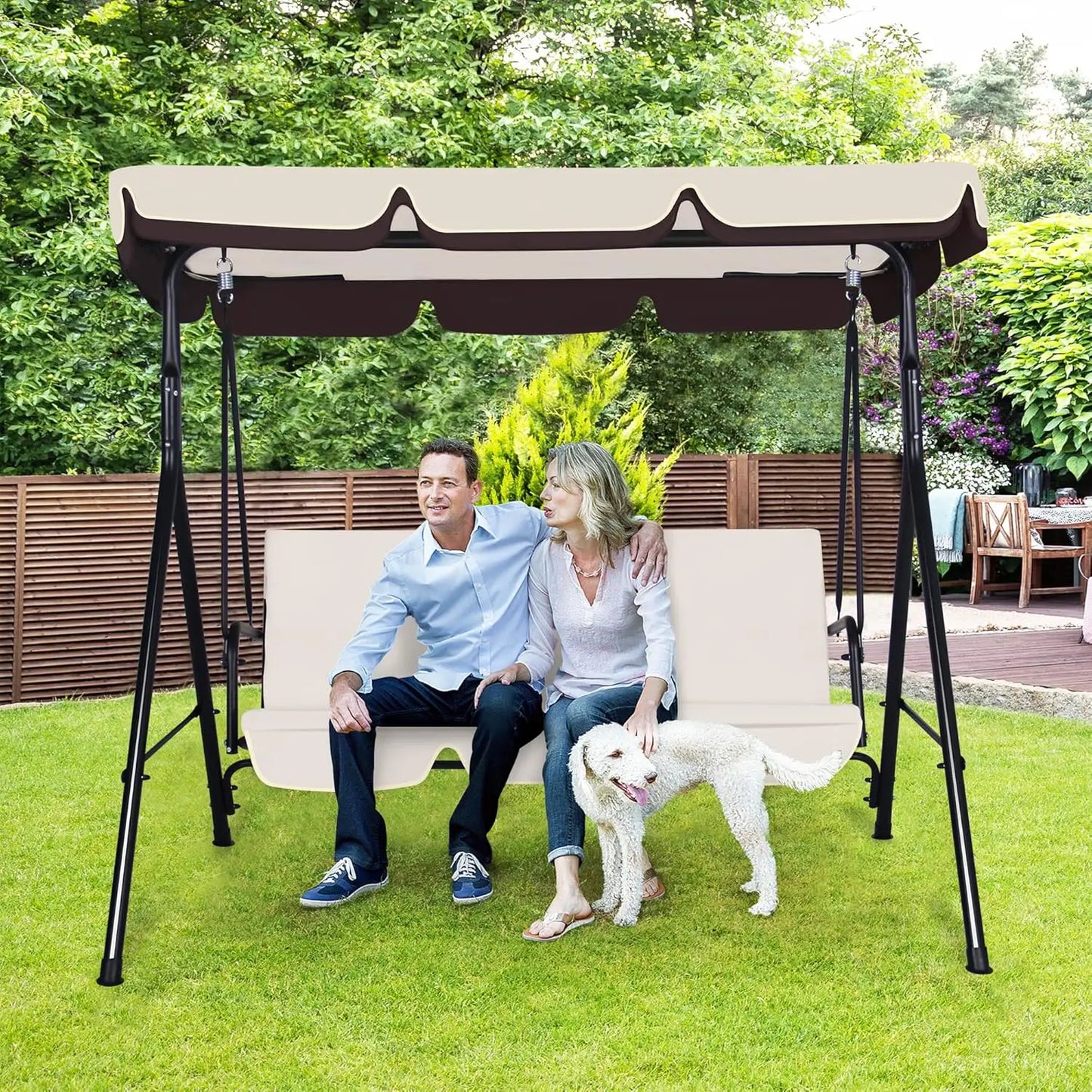 3-Seat Patio Swing Chair, Outdoor Porch Swing with Adjustable Canopy and Durable Steel Frame for Patio, Garden, Poolside(Nevy Bl