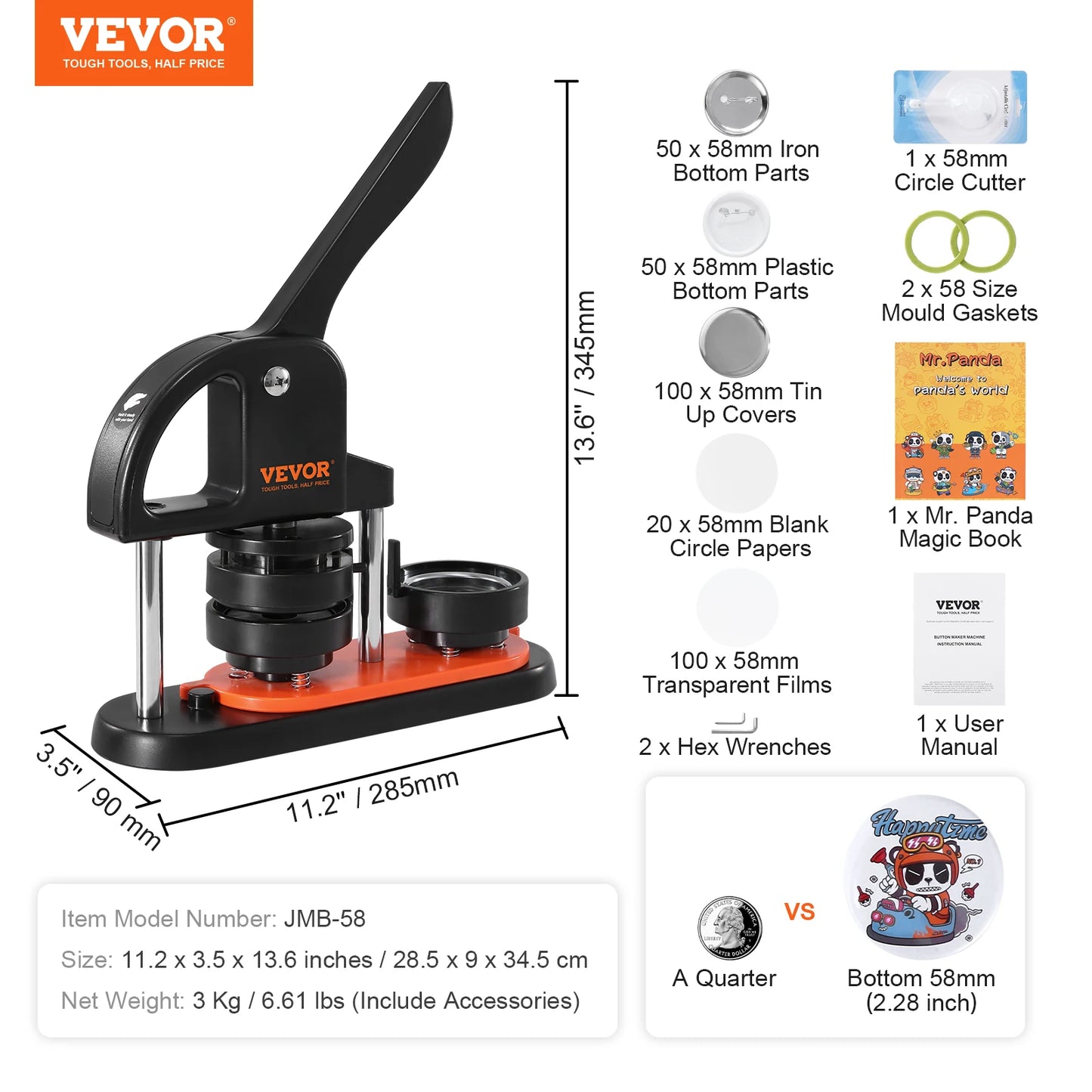 VEVOR Button Maker 25/32/58 Pin Maker with Button Parts Ergonomic Arc Handle Punch Press Kit Button Maker Machine