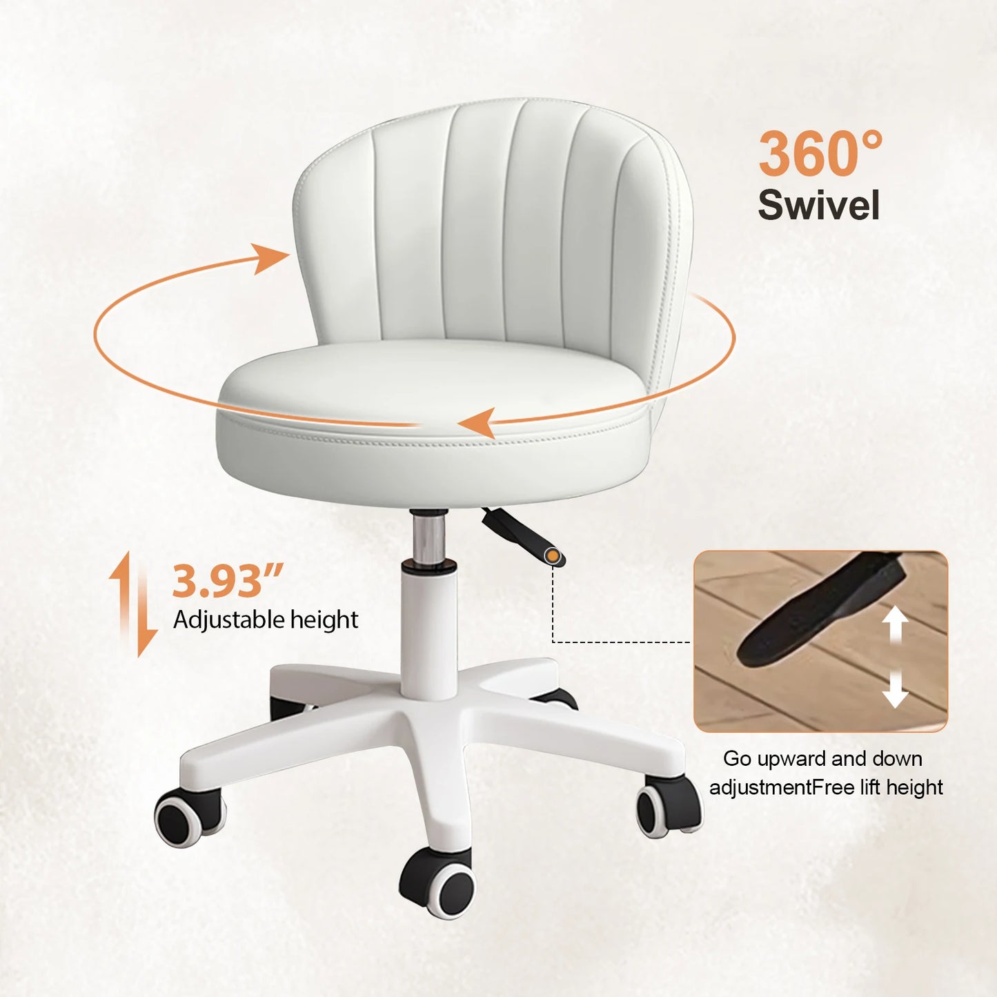 Small Round Rolling Desk Chair Armless Comfy Vanity  with Low Backrest PU Leather Height Adjustable Swivel Work Spa Chair
