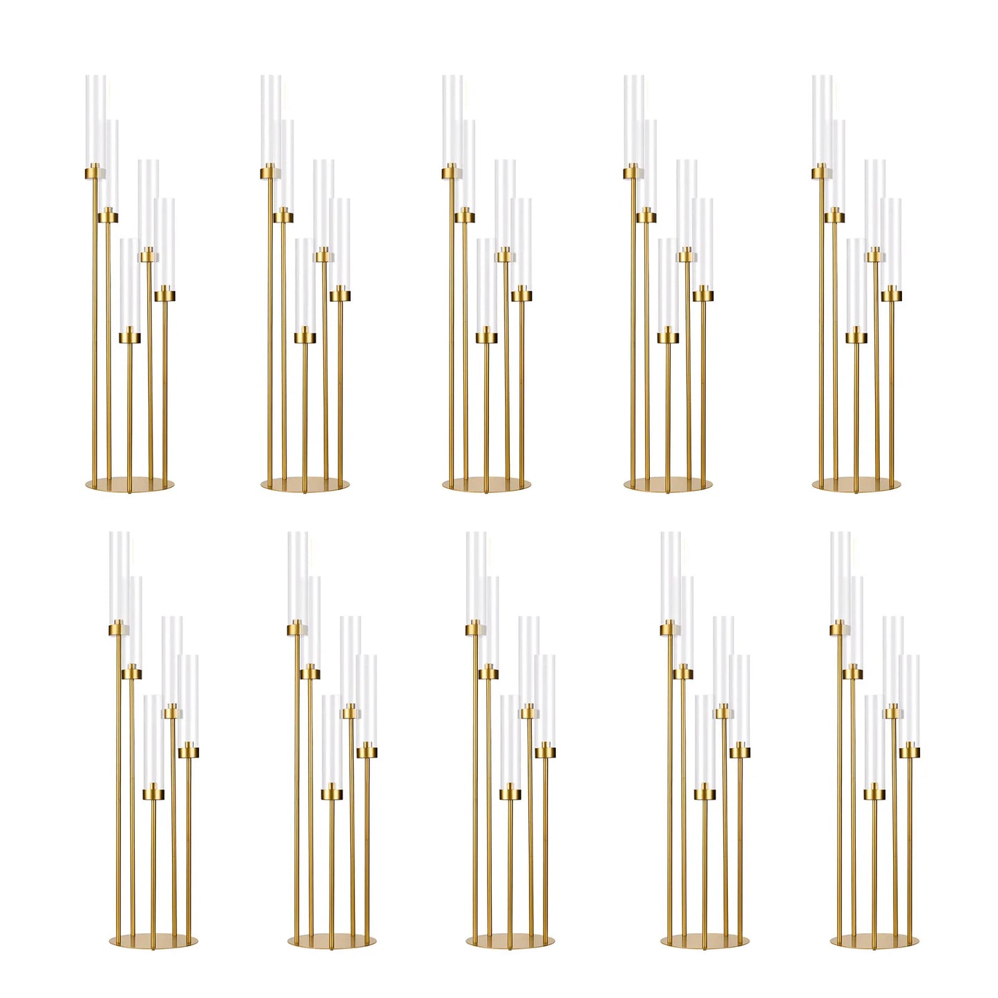 10PCS Gold Floor Candelabra 5 Arm Candle Holder Tall Floor Candle Holder with Acrylic Lampshade for Wedding Table and Birthday Party
