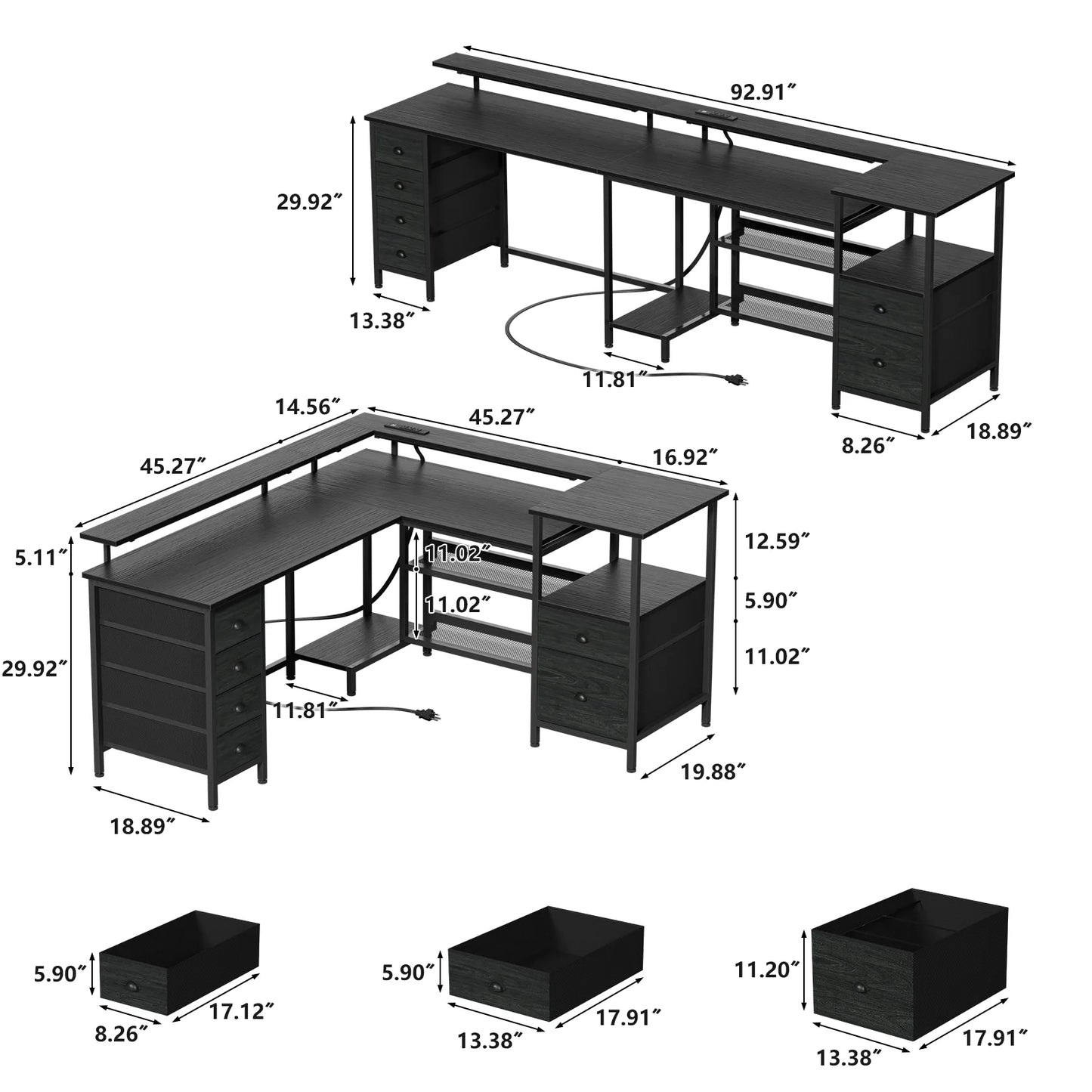 Satifur 67 inch Office Desk With Power Sockets and LED Lights, 2 Monitor Stands and 6 Adjustable Storage Drawers, Gaming Desk