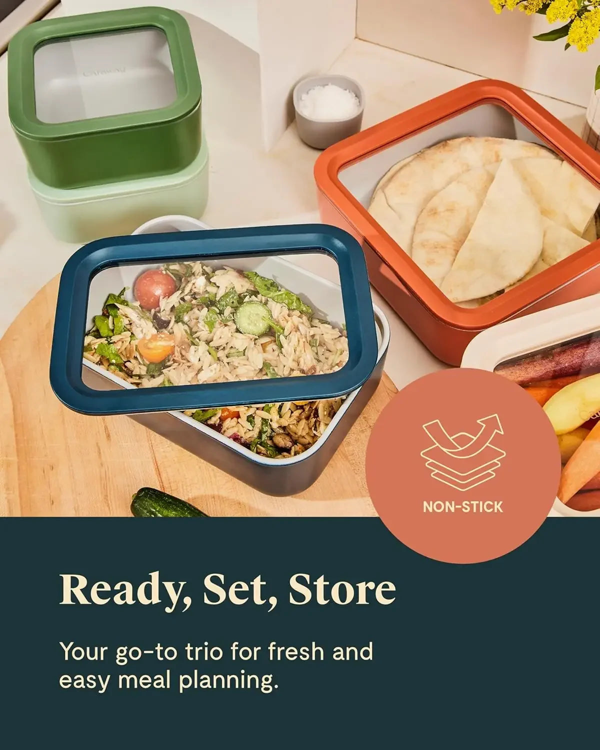 3pc Glass Food Storage Set – 10 Cup, 6.6 Cup, & 4.4 Cup Food Containers - Ceramic Coated - Non Toxic Non Stick Lunch Box