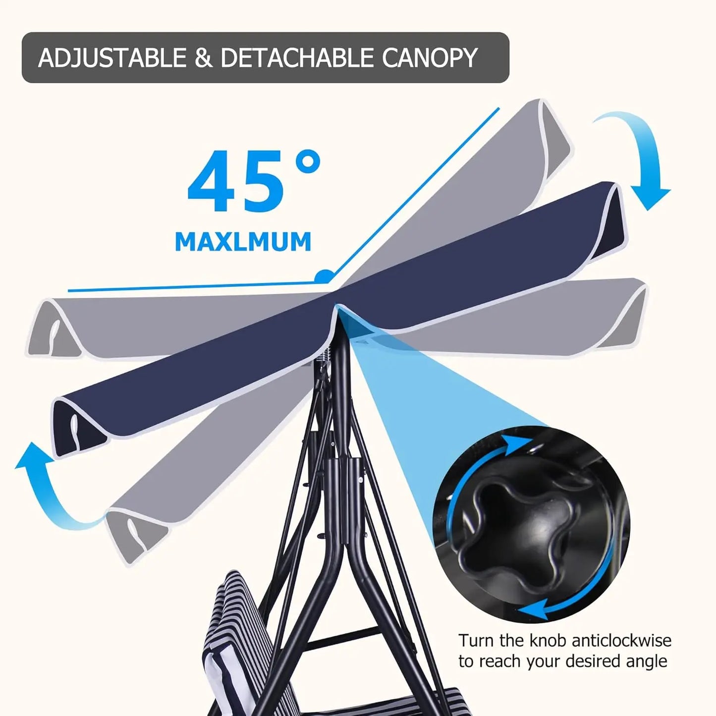 3-Seat Patio Swing Chair, Outdoor Porch Swing with Adjustable Canopy and Durable Steel Frame for Patio, Garden, Poolside(Nevy Bl
