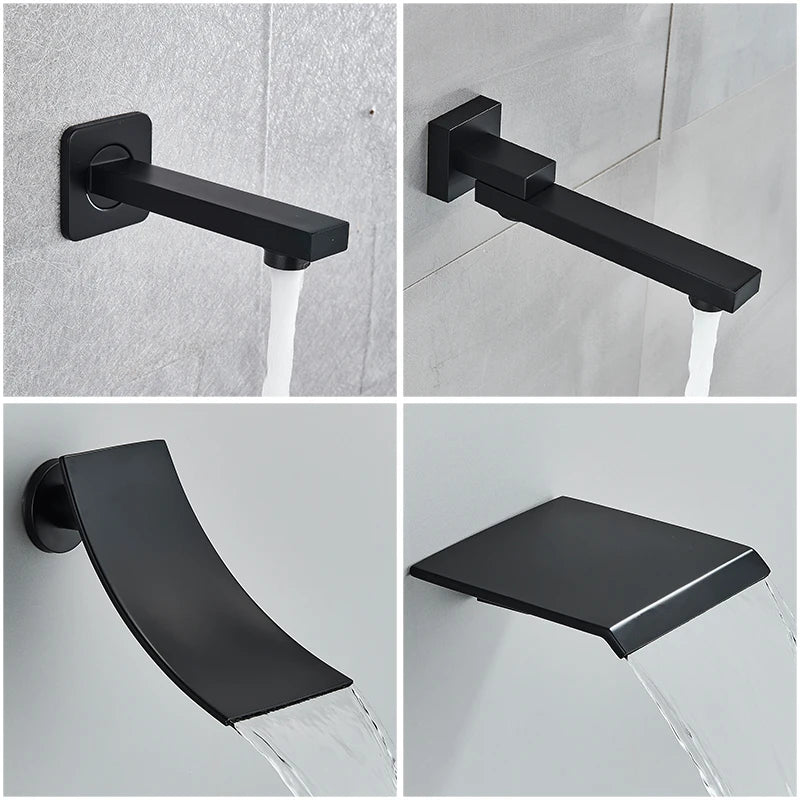 Black Concealed Shower System Rain Waterfall Bathroom Faucet Set with Tub Spout