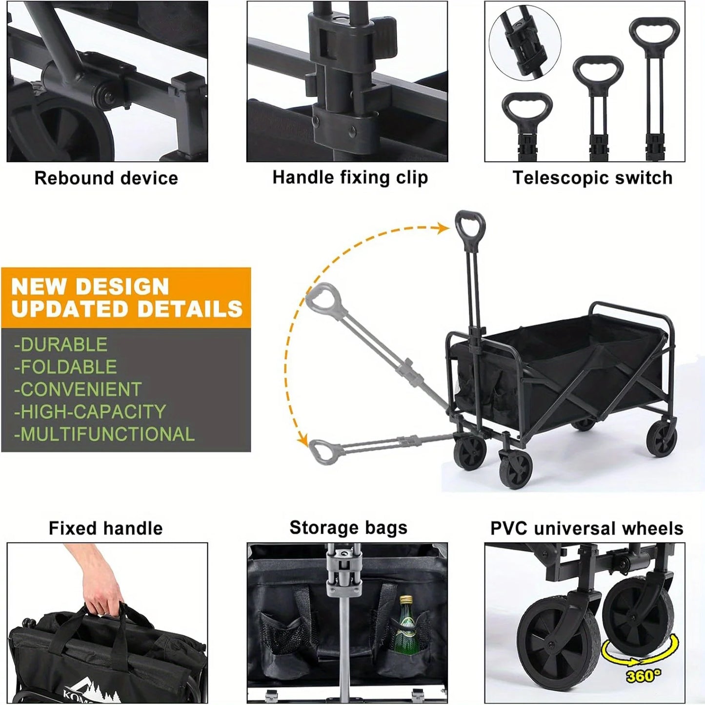 Collapsible Folding Beach Wagon Cart, Utility Large Capacity Cart Foldable Wagon with All Terrain Wheels, Grocery Wagon Cart