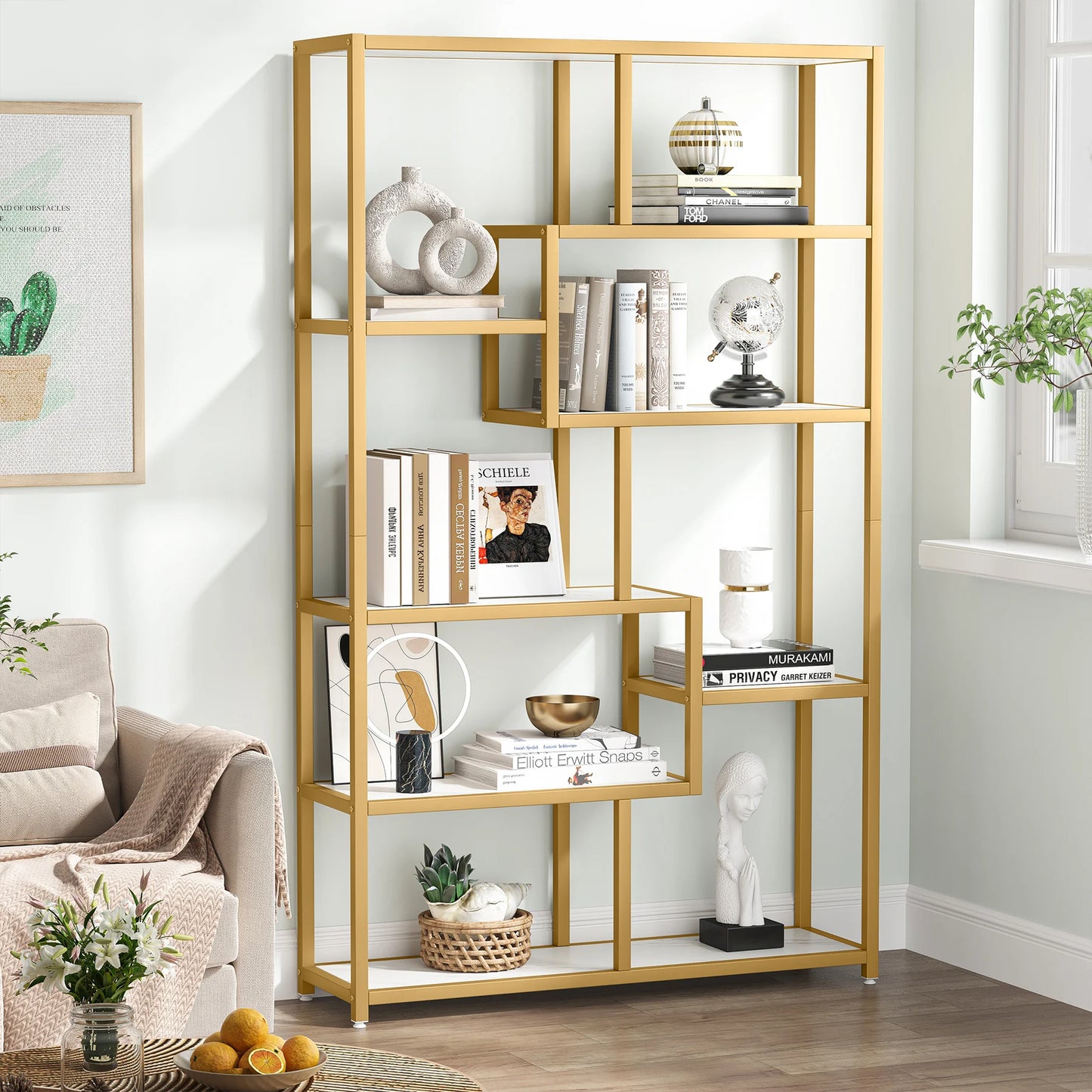 Tribesigns 5 Tier Etagere Bookcase Modern Gold Book Shelf Organizer Display Rack with 8 Open Storage Shelves
