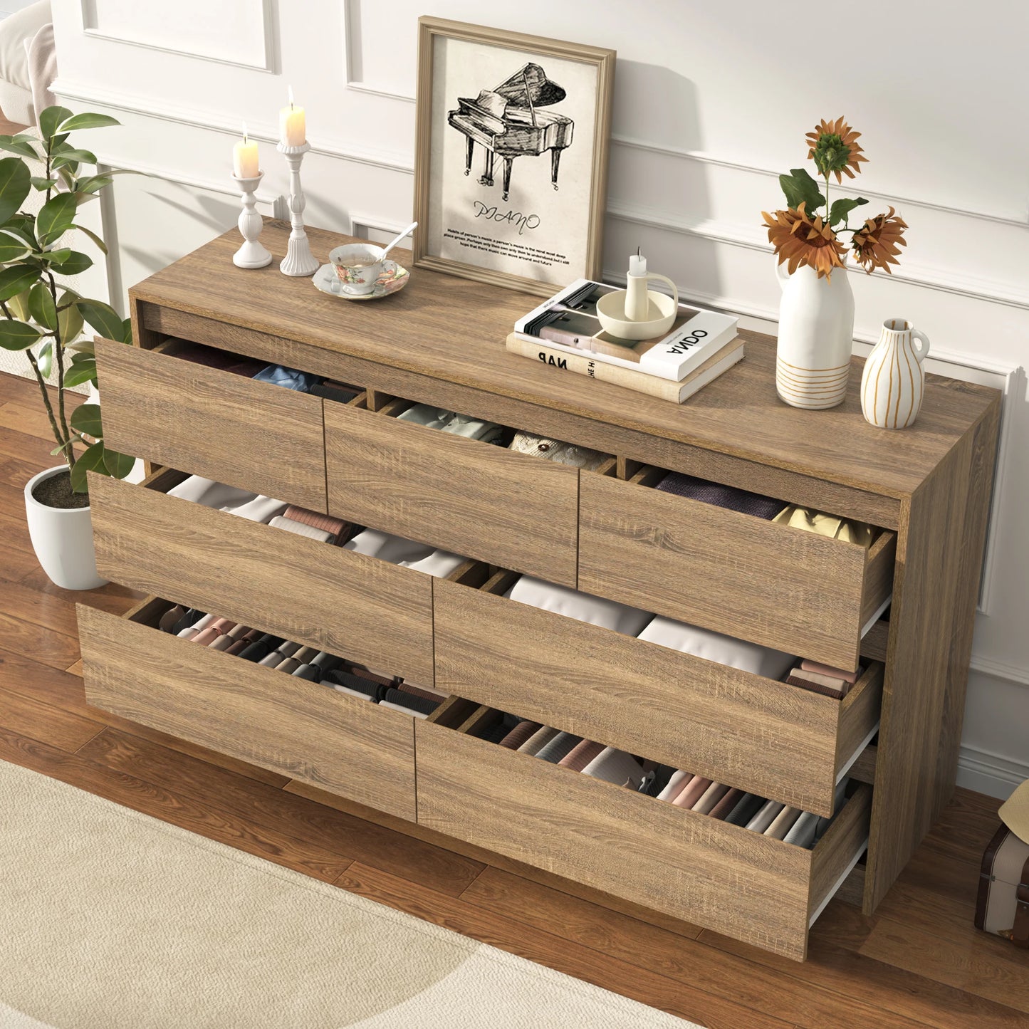 7 Drawer Dresser for Bedroom 55 Inch Modern Chest of Drawers for Closet Wide Drawer Organizer Cabinet in White and Black