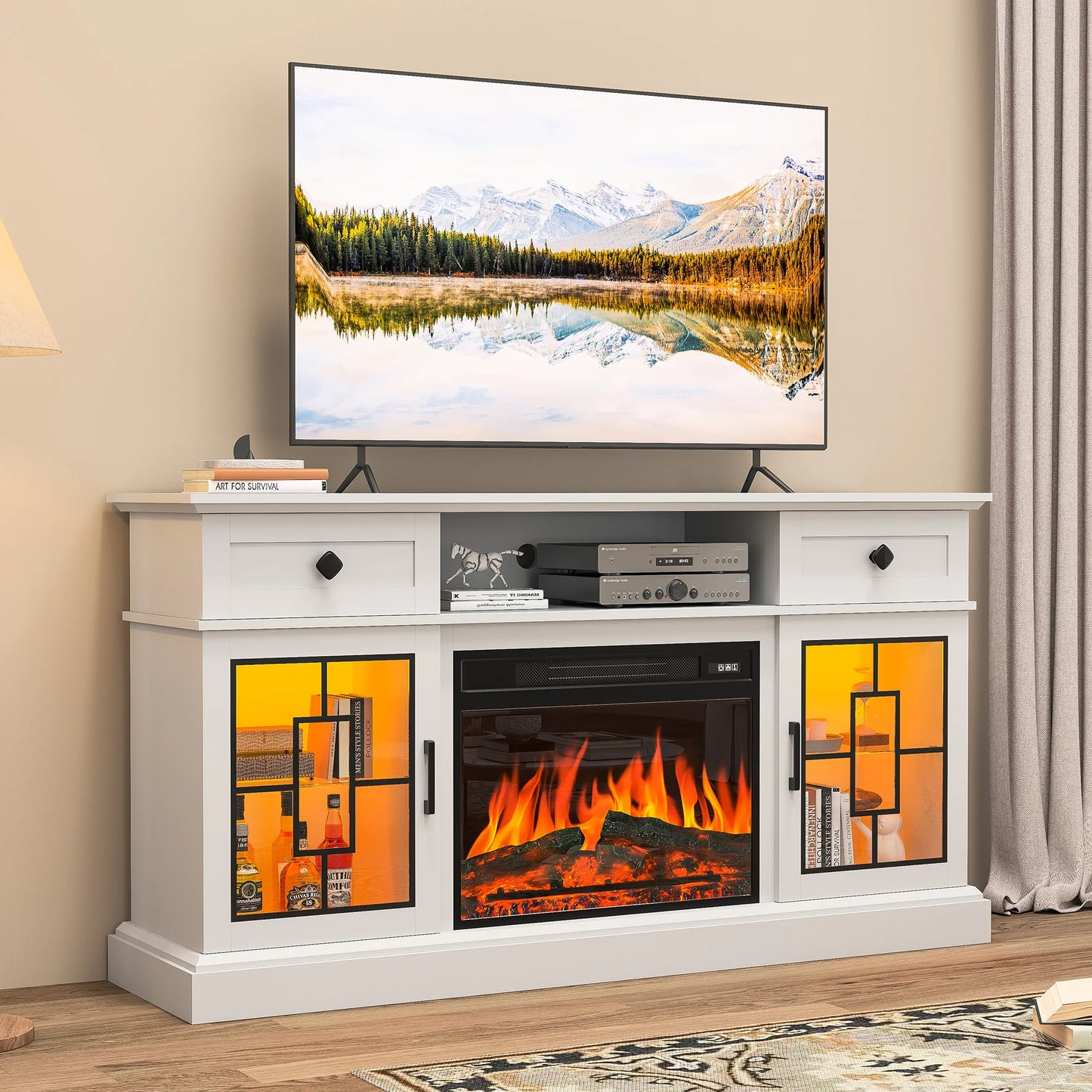 Fireplace TV Stand for 65 Inch TV Modern 58 Inch Entertainment Center with Fireplace for Living Room