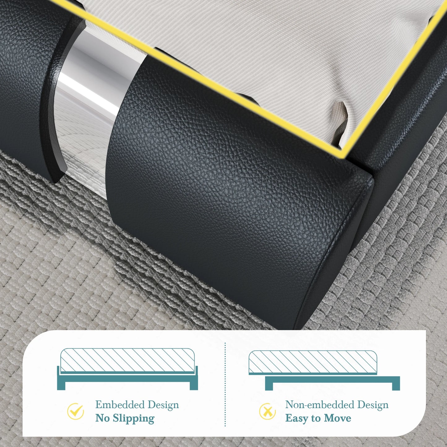 HOOMIC Modern Faux Leather Bed Frame with Iron Decor Low Profile Platform Bed Height Adjustable Headboard