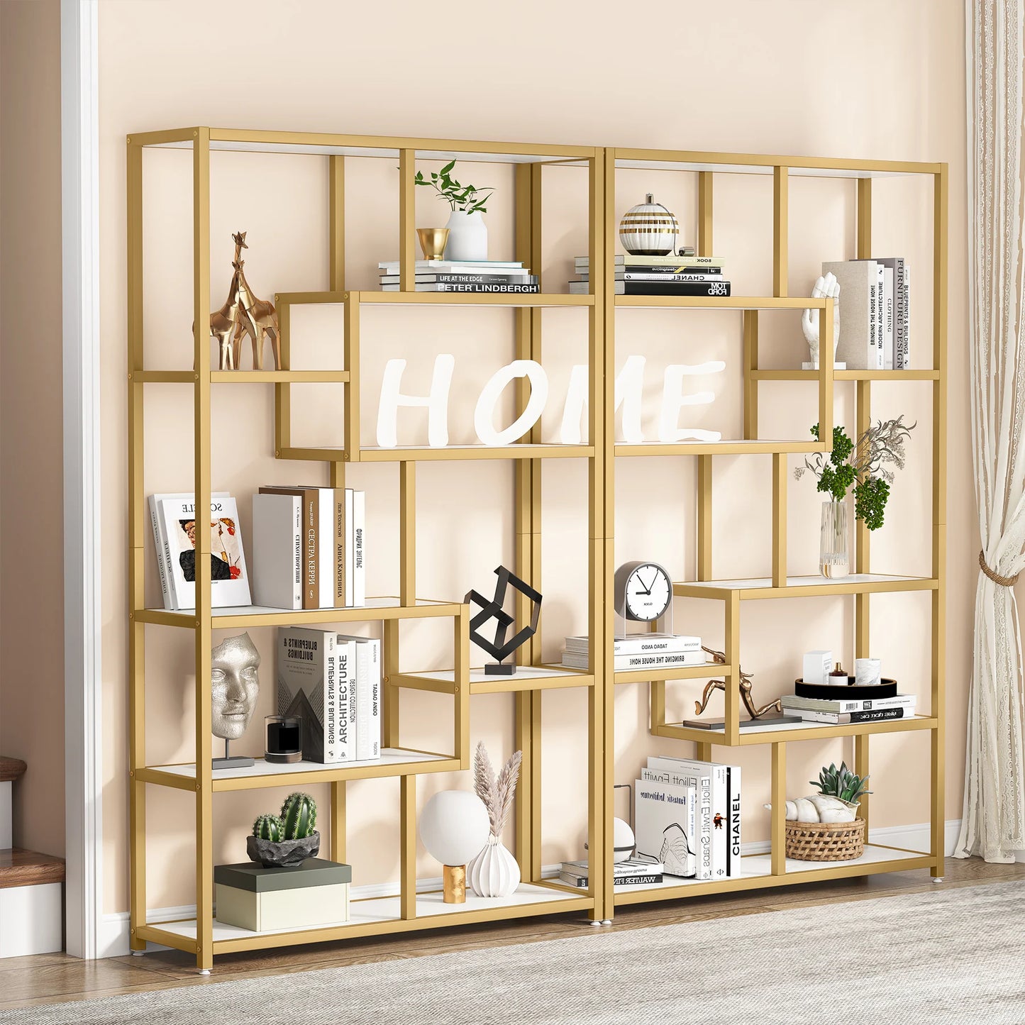 Tribesigns 5 Tier Etagere Bookcase Modern Gold Book Shelf Organizer Display Rack with 8 Open Storage Shelves
