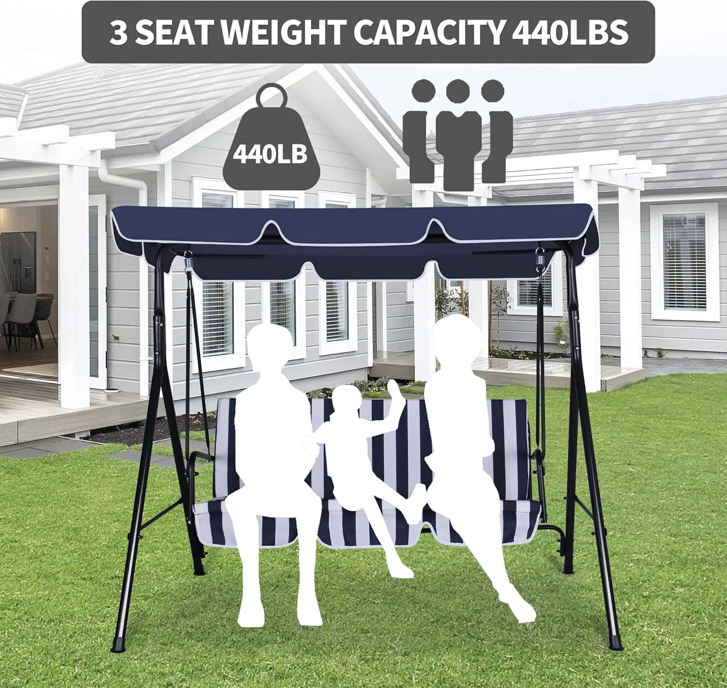 3-Seat Patio Swing Chair, Outdoor Porch Swing with Adjustable Canopy and Durable Steel Frame for Patio, Garden, Poolside(Nevy Bl
