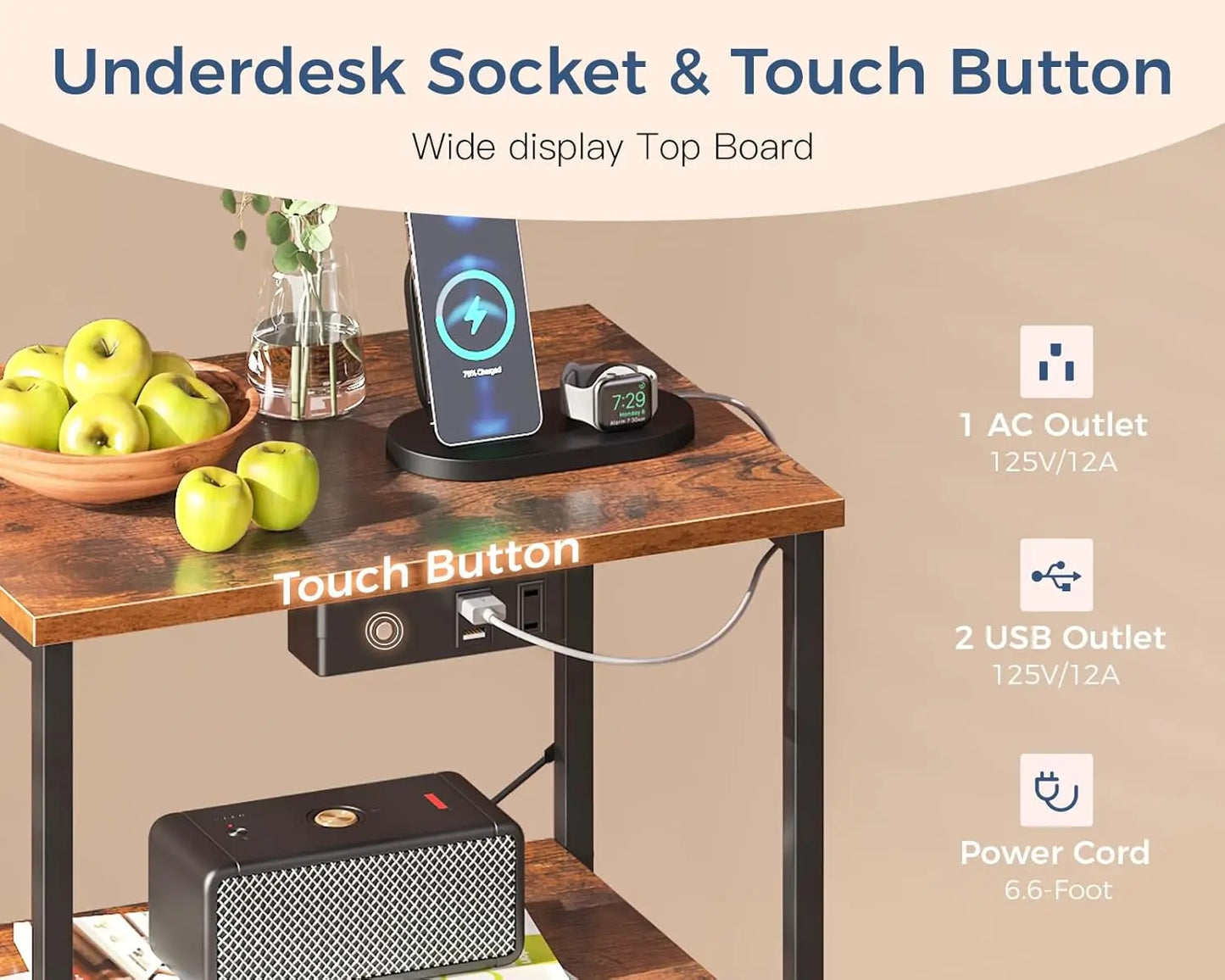 Nightstand Set of 2 with Charger Station \u2014 USB Ports & Outlet, Bed Side Table with LED Lights, End Table with Fabric Drawer