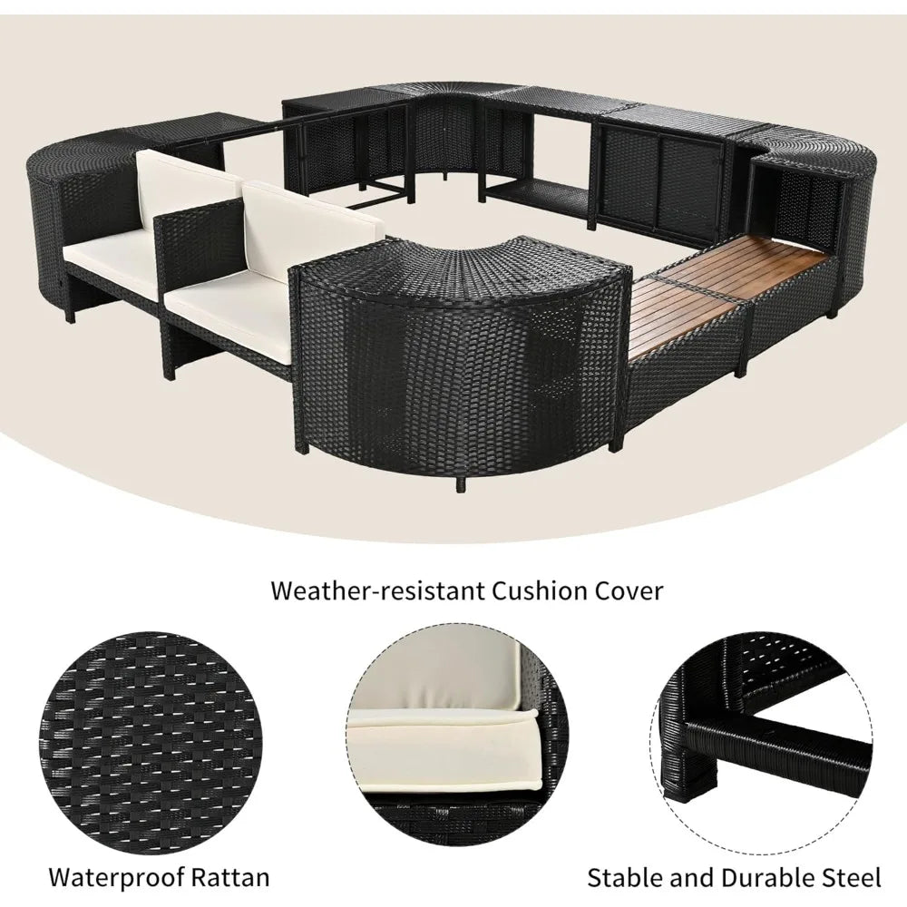 Patio Furniture Set, Spa Surround Outdoor Rattan Sofa Set with Wooden Seats and Storage Spaces, Quadrilateral Patio Sofa Set wit