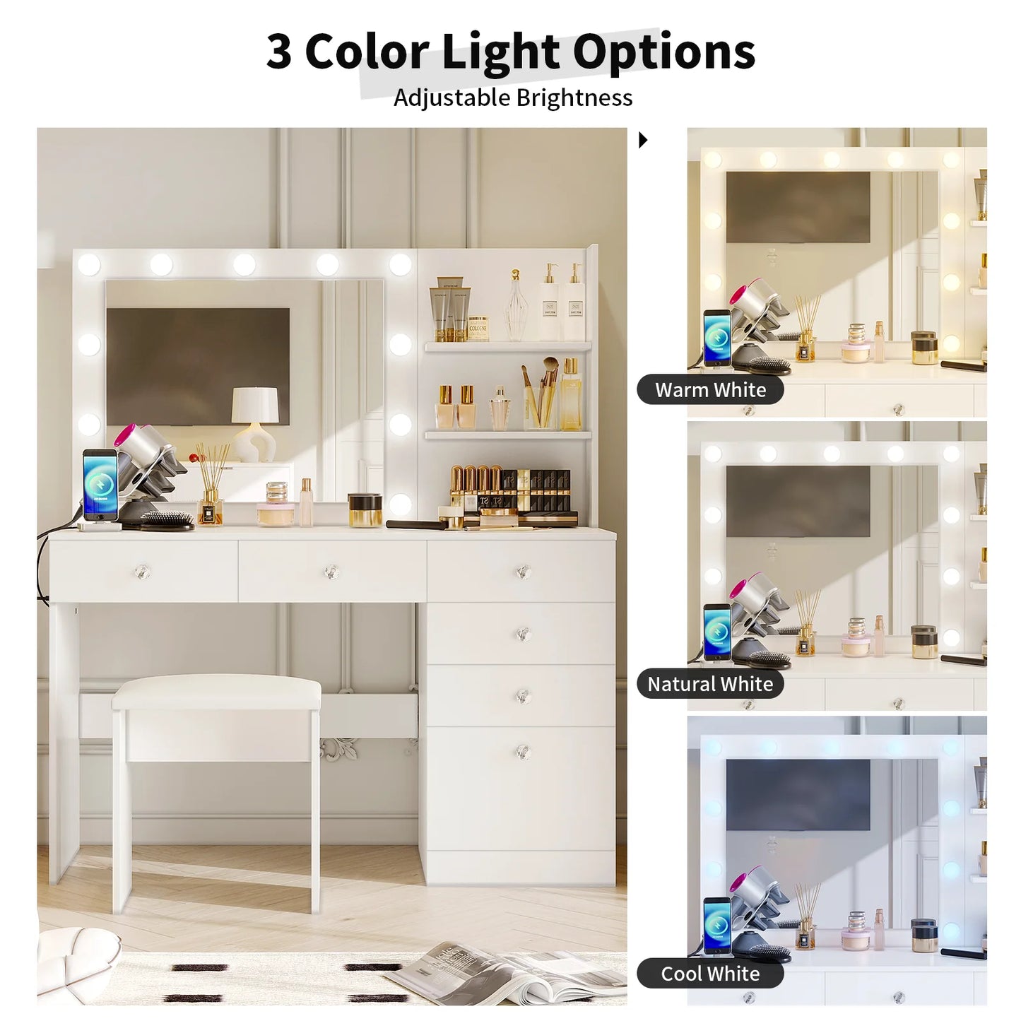 VOWNER Vanity with Lights 47 Inch Makeup Vanity Desk Storage Shelves and 6 Drawers 3 Color Lighting Modes